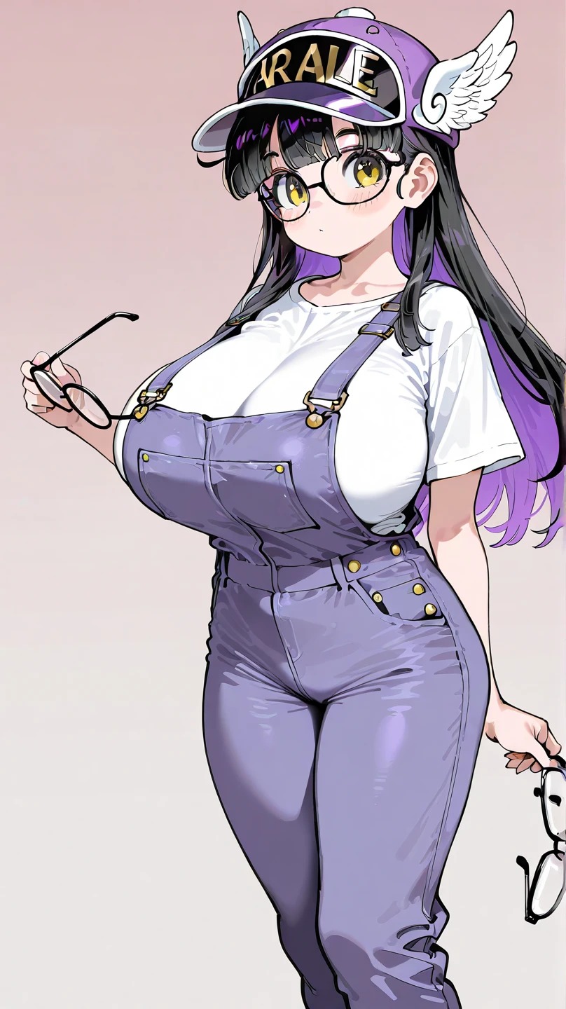 masutepiece, Best Quality:1.2),Detailed face, Detailed inner corner of the eye、 Lady、eye glasses、Trimmed bangs、Patsun、long、Straight hair、purple color hair、Purple eyes、Large breasts, sexy big ace mail, Denim jumpsuit, Wide pantal bodies lesbian、A smile、piece sign