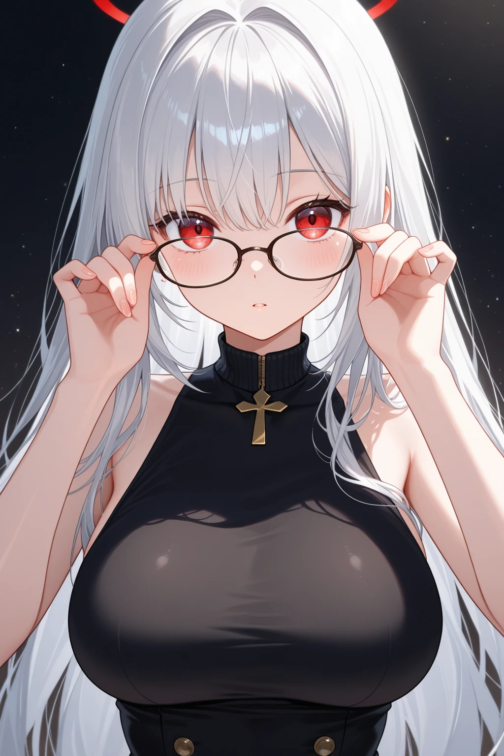 thick red glasses with small frames、Magenta eyes