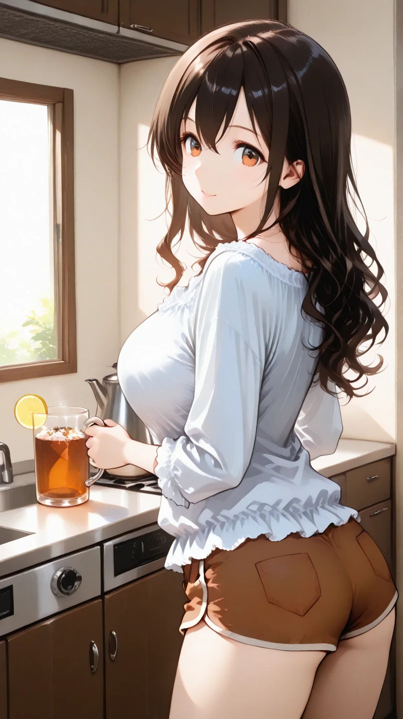 ((Tabletop, Highest quality, High resolution, , Pixel Perfect, 4K,))), 1 female, 、The whole body is visible、 ((Long Wavy Hair, bangs, Brown Hair)), ((Brown eyes, Beautiful eyelashes, Realistic eyes)), ((Detailed face, Blushing:1.2)), ((Smooth texture:0.75, Realistic texture:0.65, Realistic:1.1, Anime CG Style)), Medium sized breasts, Dynamic Angle, Perfect body, (( , , Light beige sweater、No bra、、 Tight jeans pants、、、)), Gold Hair Ornament、Cross Necklace、、Very embarrassing panic smile, 、、、、、、Nipples are slightly visible、、、sitting on top a table、、Luxury apartment kitchen、、、、、、 、)、