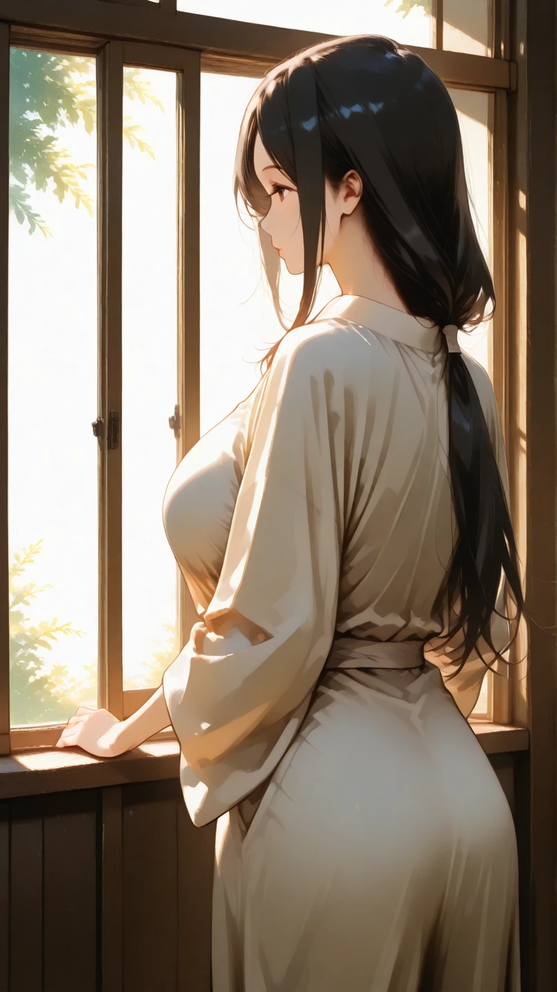 Devout Christian nun praying sincerely。Wearing a monastic robe with an exposed chest and closing his eyes and folding his hands in front of his chest。Areola and nipple silhouette。A ray of light shines from the front of a young girl in a dark room of a wooden building。Looking at the whole body of the girl from the side。