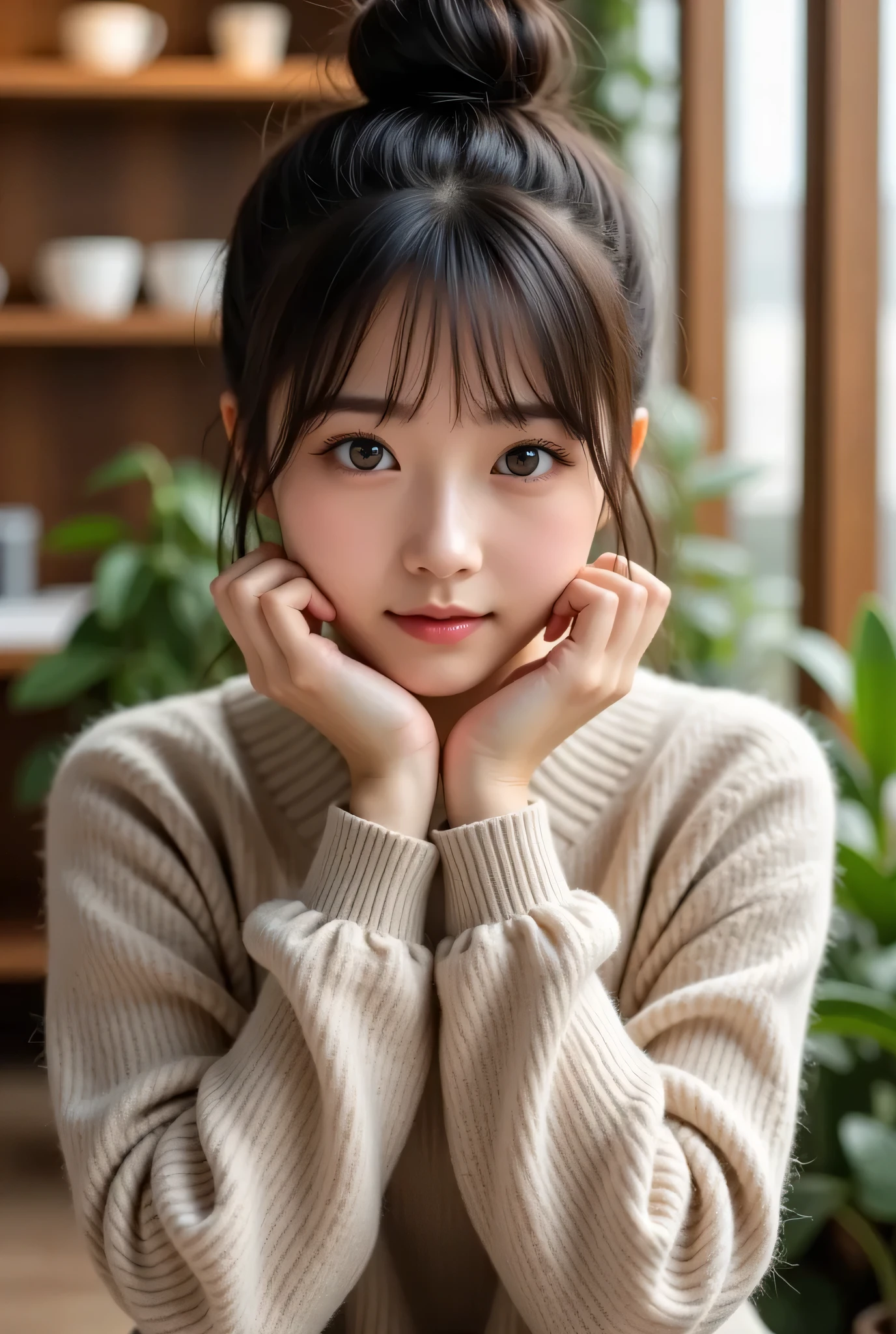 A young woman with dark hair wrapped in a bun、I'm sitting on my elbows, hands resting on her cheeks in a relaxed position. She enhances the calm and meditative mood of the scene, suggests a casual, cozy space.  in the background 、green々depicting green plants and soft-focus elements, The interior space , It's probably a cafe or home, a warm and cozy atmosphere. the lighting is natural and gentle, flowing out of what looks like a window, creating a serene atmosphere. A variety of organic and muted tones dominate the setting, soft brown with a textured pattern I'm wearing a sweater.