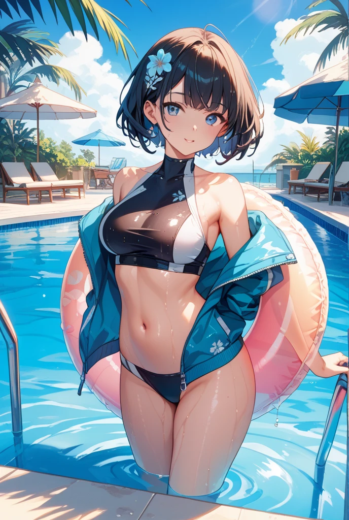 (full body Swimwear style) (beautiful body), (solo:2, 32 yo, bob brown hair short hair cute woman, beautiful green eyes, glasses, happy smile, love mode, medium:1.2 tits), (in a elegant detailed Pearl strand bikini swimsuit, with Rainbow Pareo, ocean double exposure:1.1), break, in the Swimsuit contest venue, background detailed beautiful Coast, BREAK, perfect anatomy, masterpiece, best quality, 16k, beautiful detailed love, sexy, daydreaming expression.
