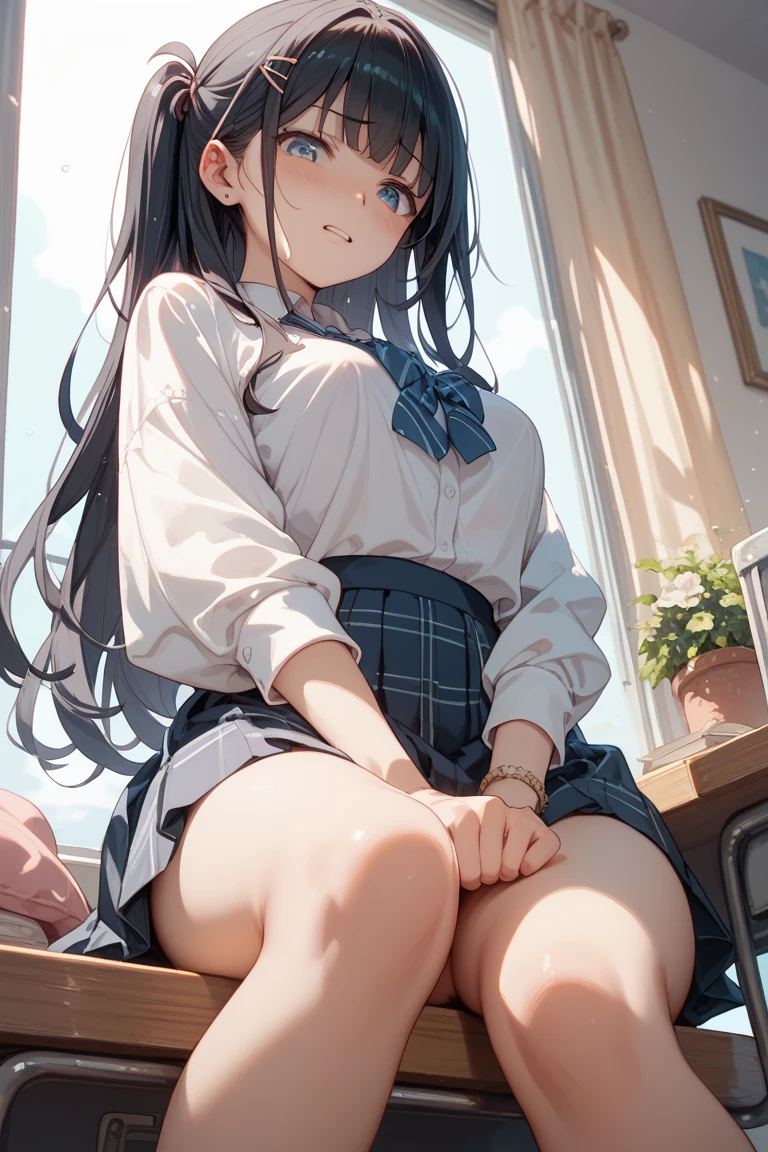Yukimi, 10., Long Hair, Blunt bangs, Flat Chest, Expressionless, shy, whole body, Highest quality, (randoseru backpack:1.4), School classroom、pussy、Angle from below、Kneel、(pussy:1.4)、(Masturbation:1.4)、(male'Head between thighs:1.4)、Striped pattern、Embarrassing、Small nipples