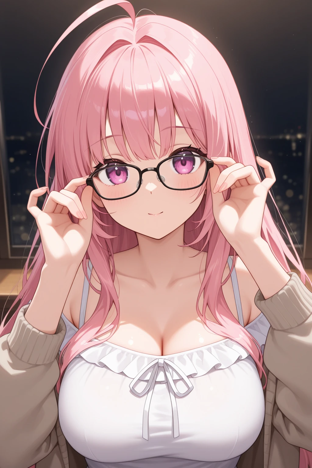 ((highest quality)), ((masterpiece)), (detailed), Perfect Face、Pink Hair、Glasses、Purple glowing eyes、((Completely naked))、looking at the camera、