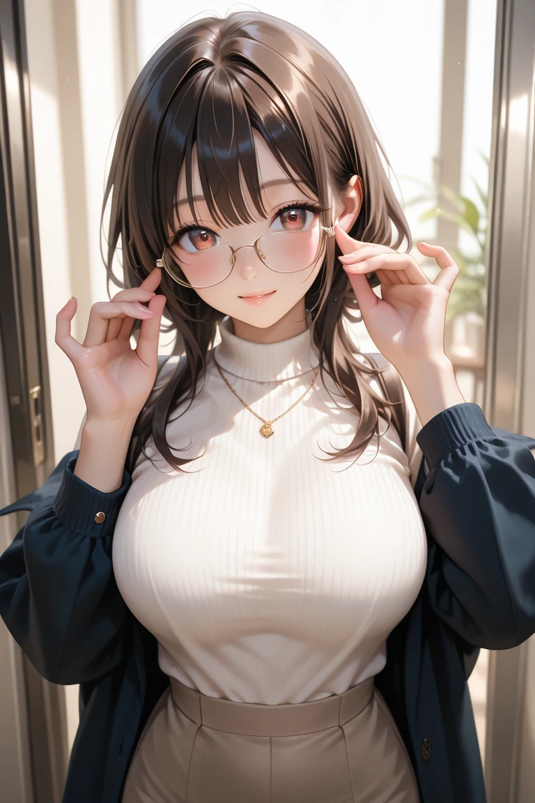 1 female,Brown Hair, ,((Anxious expression)),Beautiful breasts,uniform,stylish,,(look forward to)(((blush、Surprised expression)),(((Curly Hair、Long Hair))),Frameless Glasses