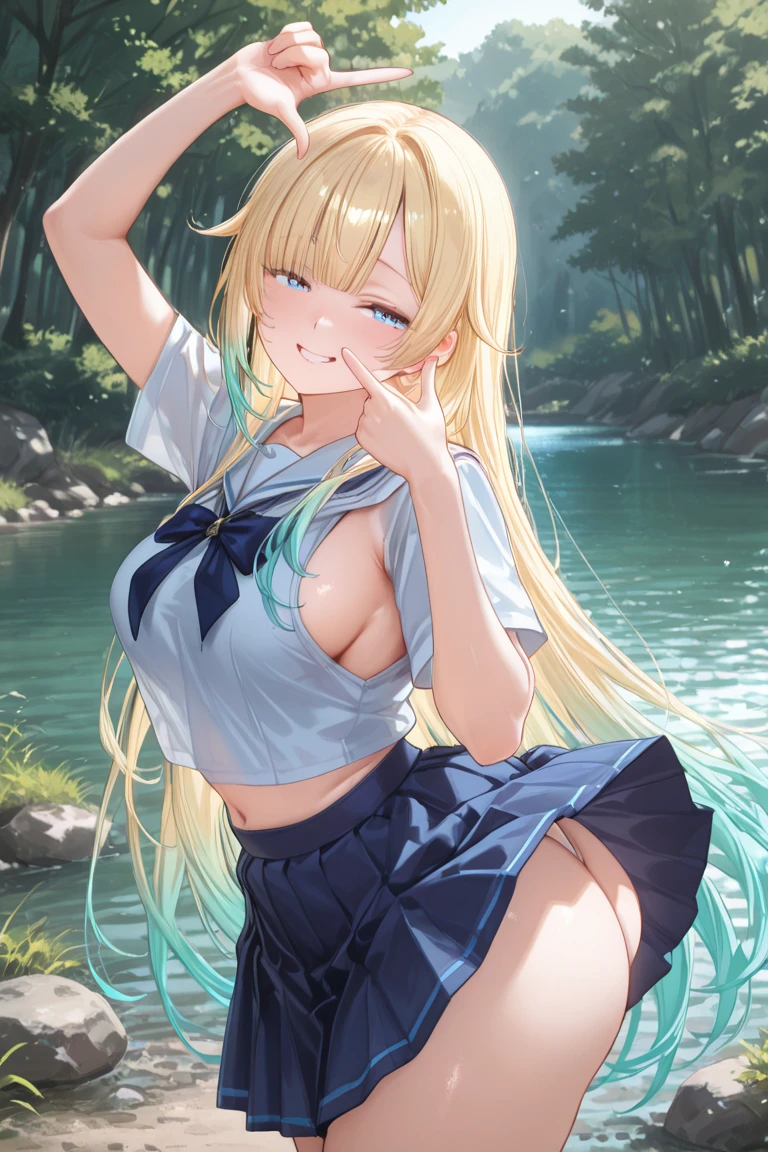 ((Highest quality、High resolution))、Beautiful woman、Perfect body、Beautiful and bountiful breasts、tits、Ass、long blond、bangs、Blue and white、Embellished blue sexy dress、skirt、(((ass pov、Showing panties)))、Outdoor Scenery、((Embarrassed、Love juice))