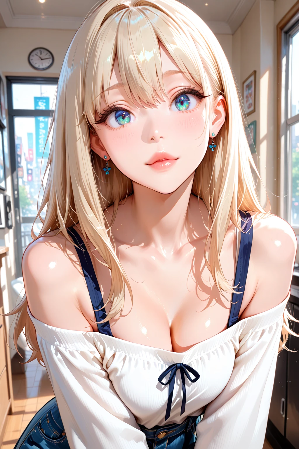 (masterpiece:1.2、Highest quality、masterpiece)、1 female、alone、classroom、Day、stand、blonde,One eye is covered by bangs,Disheveled Hair、blue eyes、(Completely naked:1.4)、(Whitening:1.4)、Big Breasts、Earrings、lipstick、Sweaty、Round 1、blush、(Face close-up:1.4),(Between one breast:1.5)