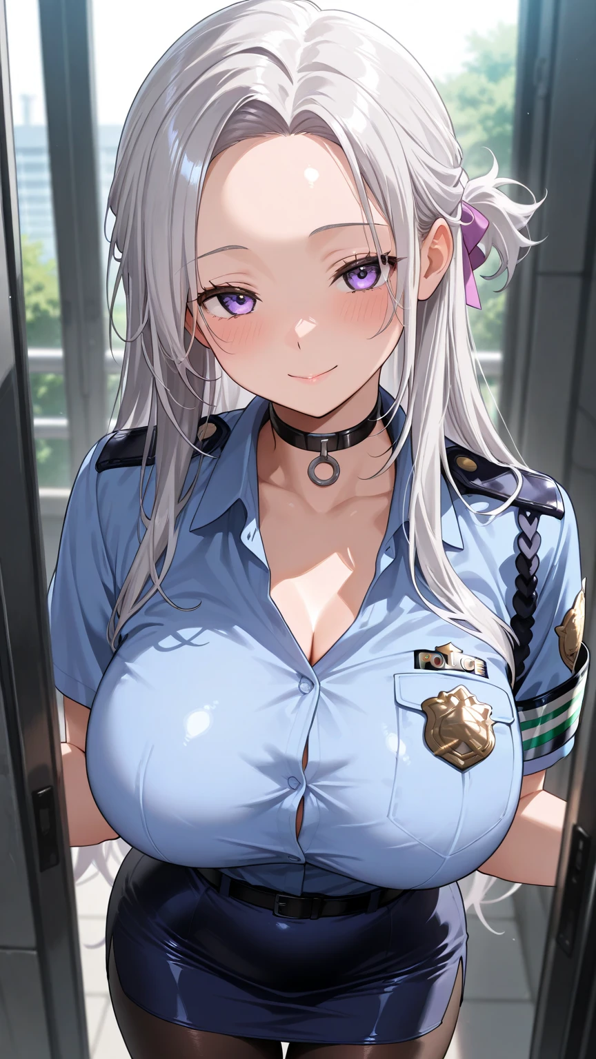 Ultra-high resolution, Ultra-high resolution, Ultra-high resolution, Ultra-high resolution, Awards, Attention to detail, Simple Background, masterpiece, Great illustrations, incomplete、Busty female police officer,Silver Hair、Bold off-the-shoulder uniform,Embarrassed expression, Cowboy Shot, Office Background, indoor, (belt, tight belt), (Armband, White sleeves), Angry big blue eyes、Confused Eyes、brainwashing、City of night、Shiny, shiny clothes,Adult、Red cheeks,Sexy pose、Sitting、Sulky face、Upper body emphasis,Very large breasts、princess、Looking down、A look of contempt、Eyes of pity、sadist,Looking down,See the trash,From below,