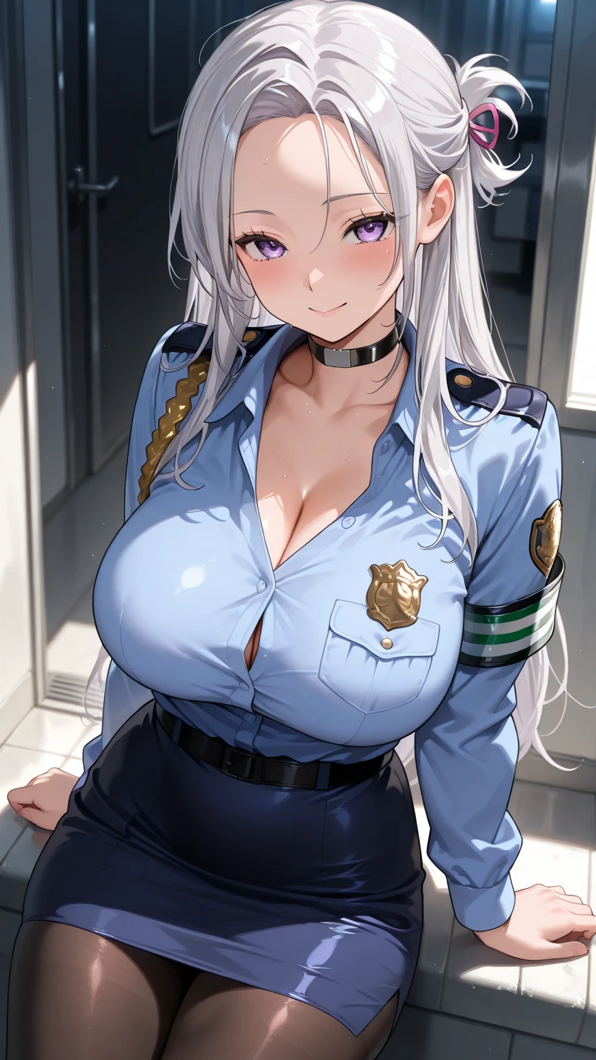 1girl, dark-skinned female, dark skin, white hair, long hair, huge breasts, thick thighs, wide hips, mature female, blue eyes, police uniform, police, policewoman, police hay, shy, timid, parted lips, bikini, highleg bikini, cap