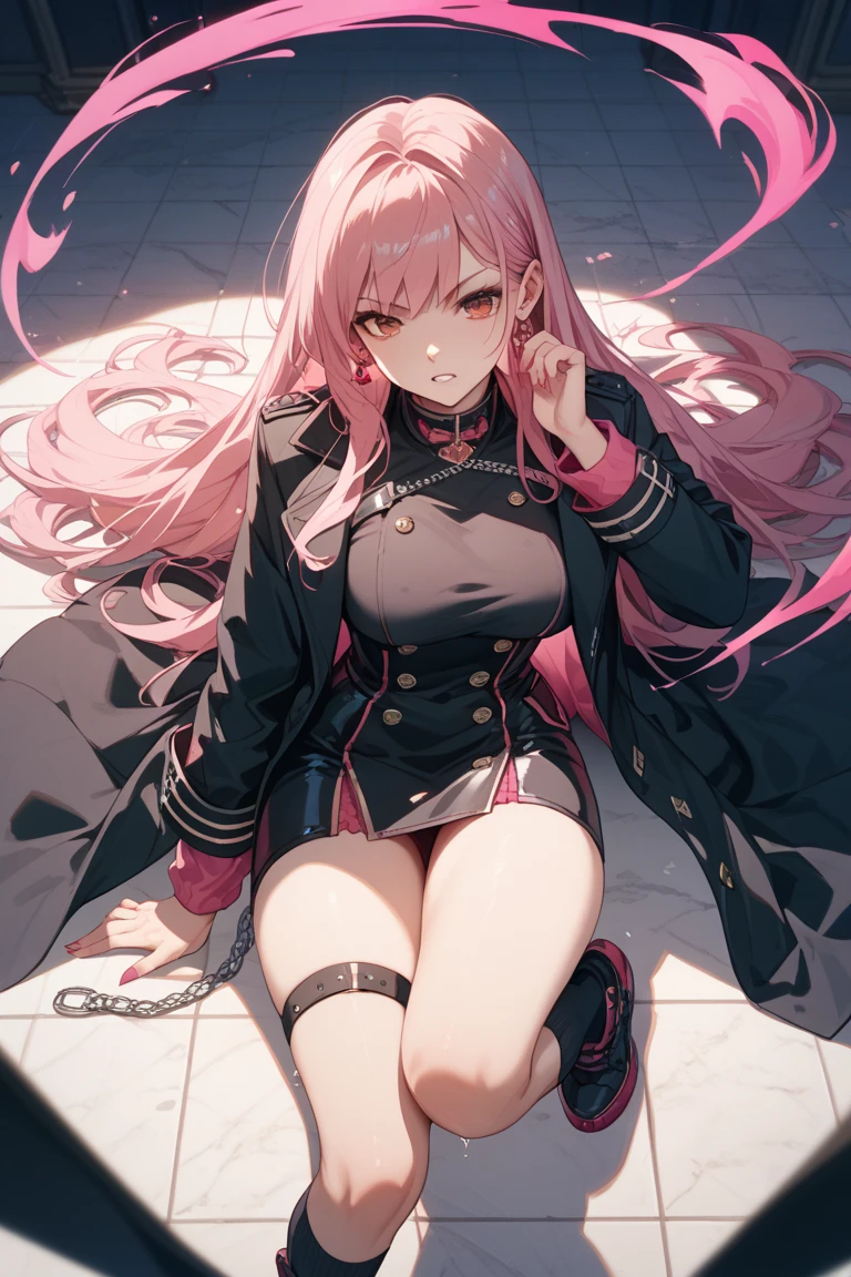 A woman, succubus, dressed in military uniform, in an empty and destroyed city, long pink hair, pink eyes
