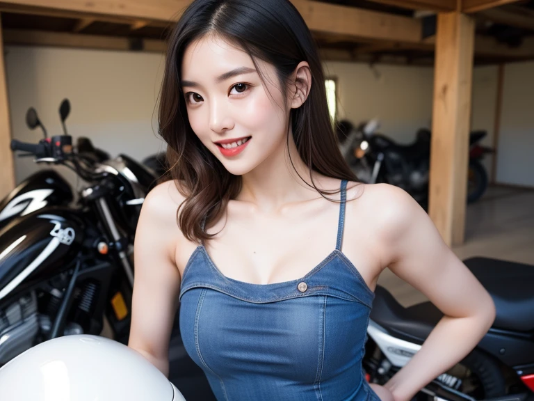 (A white shirt that accentuates her cleavage:1.3),(Ripped and tattered distressed jeans:1.3),Big ample breasts,Earrings,necklace,(See-through costume:1.3, ),(Girl riding colorful custom painted motorcycle through futuristic city:1.3), Shiny light brown and orange striped short hair,Cute Smile,Perfect round face,A bright smile that makes everyone happy,Proper body balance,Tabletop,Ultra-high quality output images,High resolution,Intricate details,Very delicate and beautiful hair,Photo Real,dream-like,Professional Lighting,Realistic Shadows,Focus Only,Beautiful Hands,Beautiful fingers,Detailed finger features,Detailed clothing features,Detailed hair features,Detailed facial features,