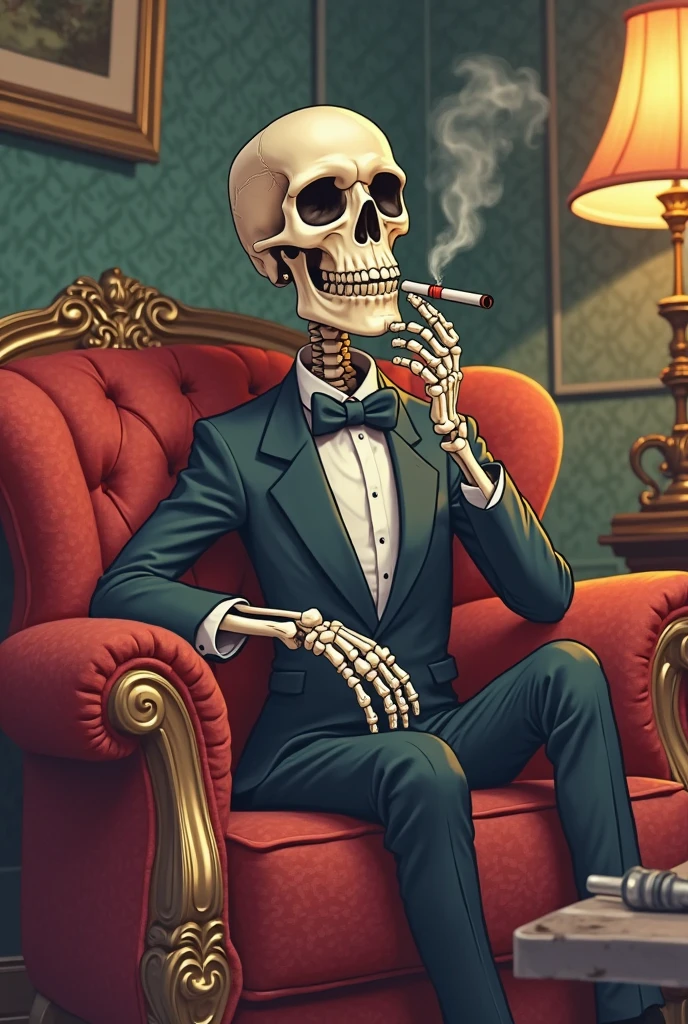 A whimsical and charming illustration by Chibi Stoner Reaper shows a playful skeletal figure with big eyes, wearing a stylish hat and lounging on a cozy sofa. This friendly Reaper character is smoking a pipe, surrounded by a cloud of smoke, giving off a laid-back vibe. The overall mood of this piece is light-hearted, humorous and slightly surreal, offering a new take on dark fantasy. White background