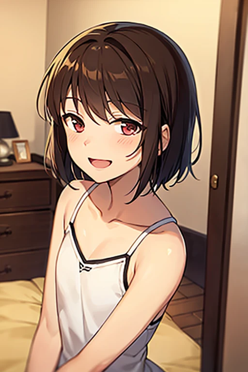 tan skin17歳、high school girl、hair is black、shortcut、full of energy、tanned skin、room at home、chest is big、sitting、smile、close up of face、