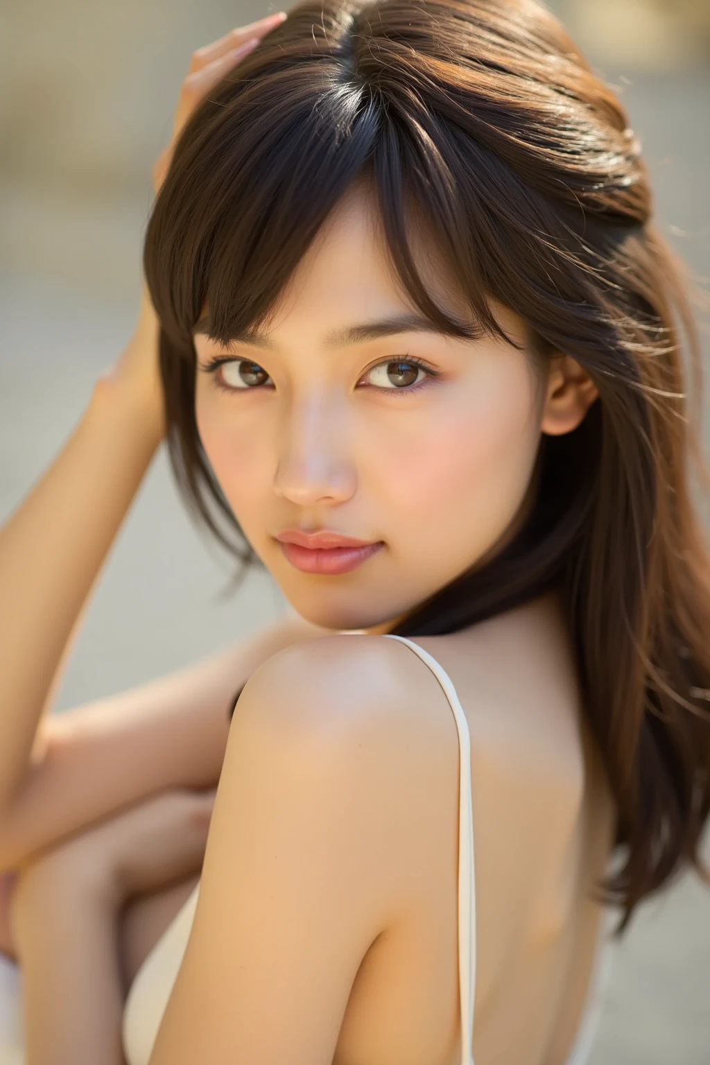 Best quality, 8k,  ,Masterpiece :1.3)), facing viewer,((full body1.2)) ,pretty woman, wide shot ,1girl, , selfie   , ,, Fountain   , brown hair  , bangs,ultra-detailed face, highly detailed lips, detailed eyes, double eyelid