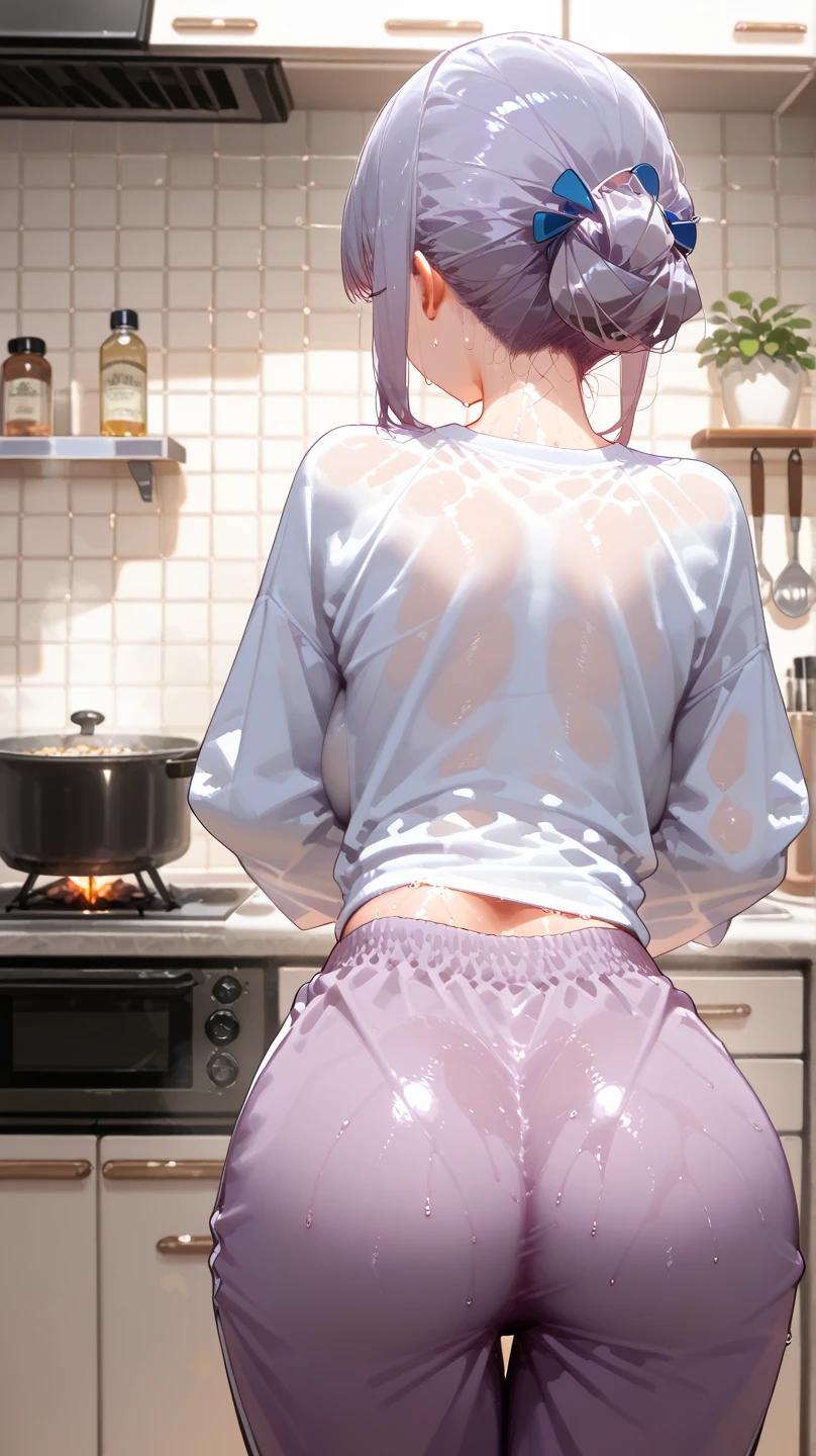from behind,highres,(best quality),incredibly detailed,natural lighting,kitchen,1girl,sexy pose,(highly detailed face),looking over shoulder,purple eyes,sidelocks,silver hair,long ponytail,standing,long shirt,see-through,medium breasts,perky breasts,covered,no pants,(black and purple lace panties)