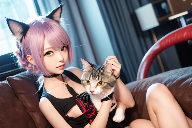 realisitic、top-quality、1girl in,Cat's ears、Pink hair , Short hair、Saliva、Choker,orgasm 、 purple PVC Bikini ,Big breasts、all-fours,profetional lighting