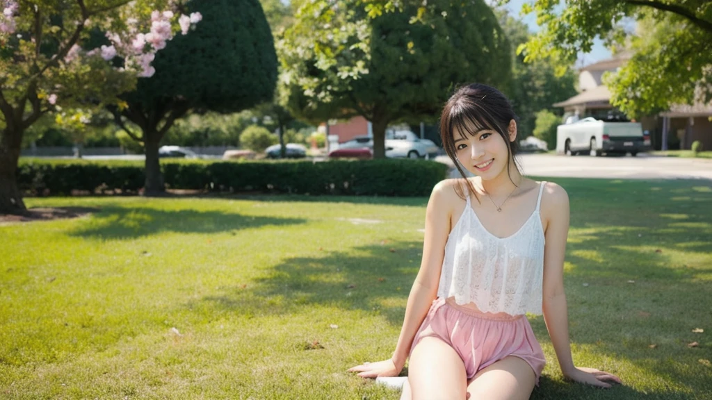((of the highest quality, 8K, masutepiece: 1.3, Raw photo)), Sharp Focus: 1.2, (1 AESPA Girl :1.1), Solo, (Realistic, Photorealistic: 1.37), (Face Focus: 1.1), Cute face, hyperdetailed face, (short messy hair: 1.2), Small Smile, (Small breasts, flat chest: 1.1), nude, sitting, (taking off her chiffon UNIQLO casual shirt : 1.3), thigh, garden, flower