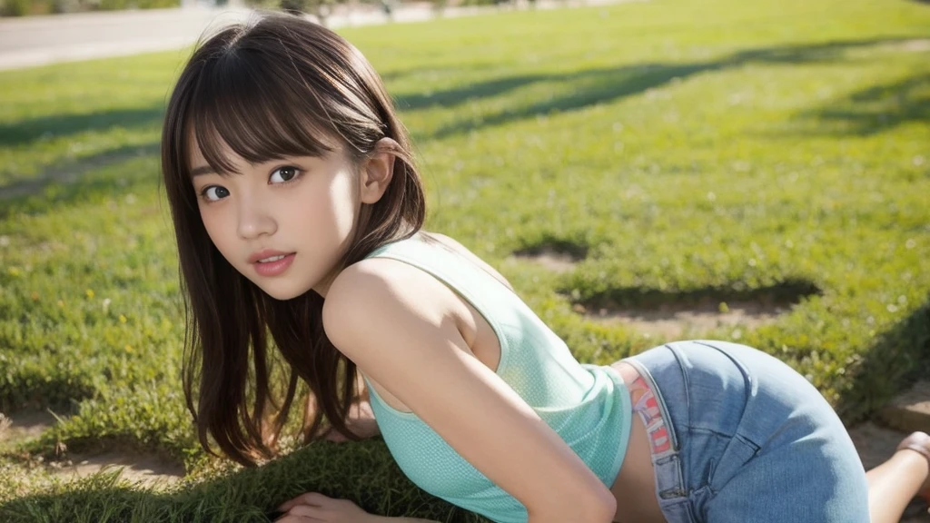 (masterpiece, highest quality:1.4), Award-winning portraits, 8k, 85mm, alone, Beautiful Face, Delicate girl, (Cheerleader、On the grass), Sophisticated, cute, 15 years old, RAW Photos, Confused, High resolution, Sharp focus, Background Blur、(((flat 、thin and delicate body、Childish atmosphere)))、Glossy short bob、Mole on the left cheek、 Dark blue eyes、the skirt is swaying in the wind、Hair swaying in the wind、sexy、flexible legs、naked