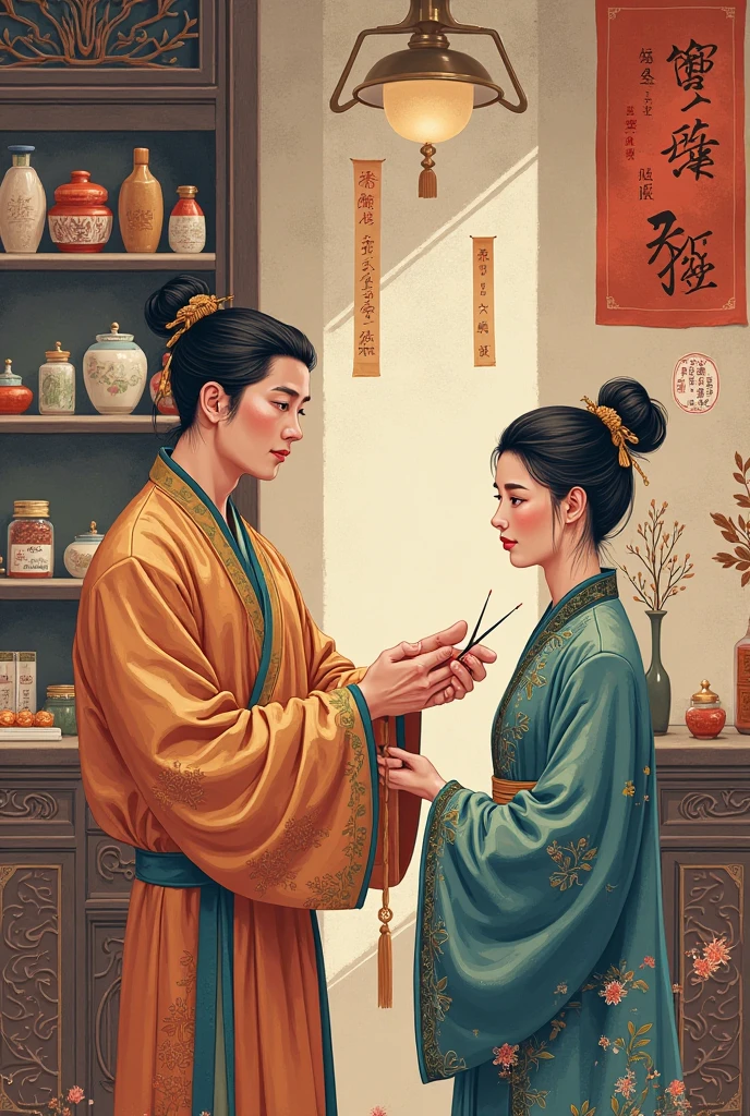 A petite but sharp-eyed female Taoist priest swiftly and accurately places a talisman on the head of a tall young man. The scene takes place in a dimly lit room, with faint symbols and peculiar patterns adorning the walls.