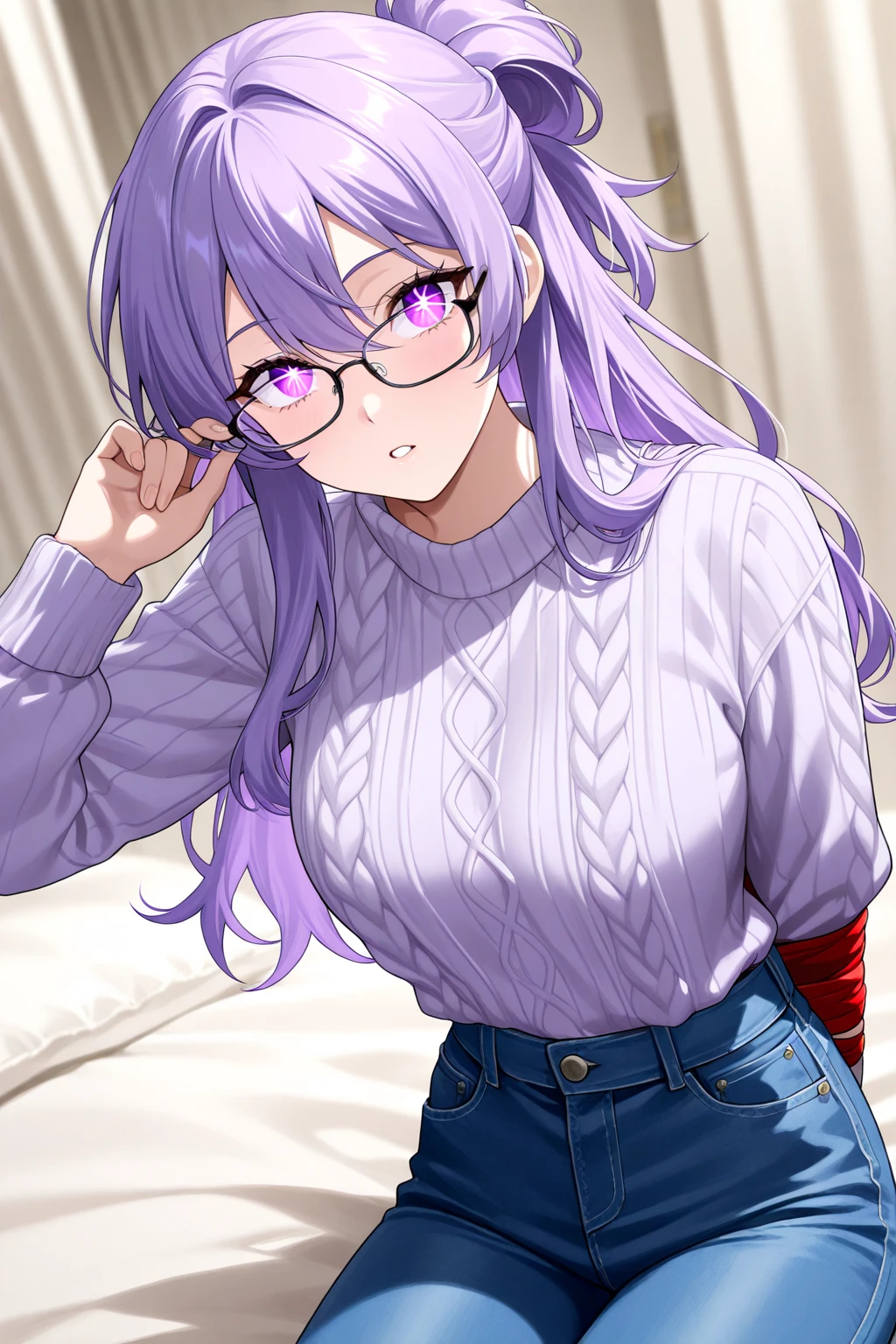 1 girl, standing alone, long hair, gazing at viewer, ssmile, breasts big, chemise, mitts, neckleace, bared shoulders, jewerly, purples eyes, cabelo roxo, pantyhose, aretes, shorts, oculos de sol, Glasses on the head, purple backdrop, round glasses, purple mitts,