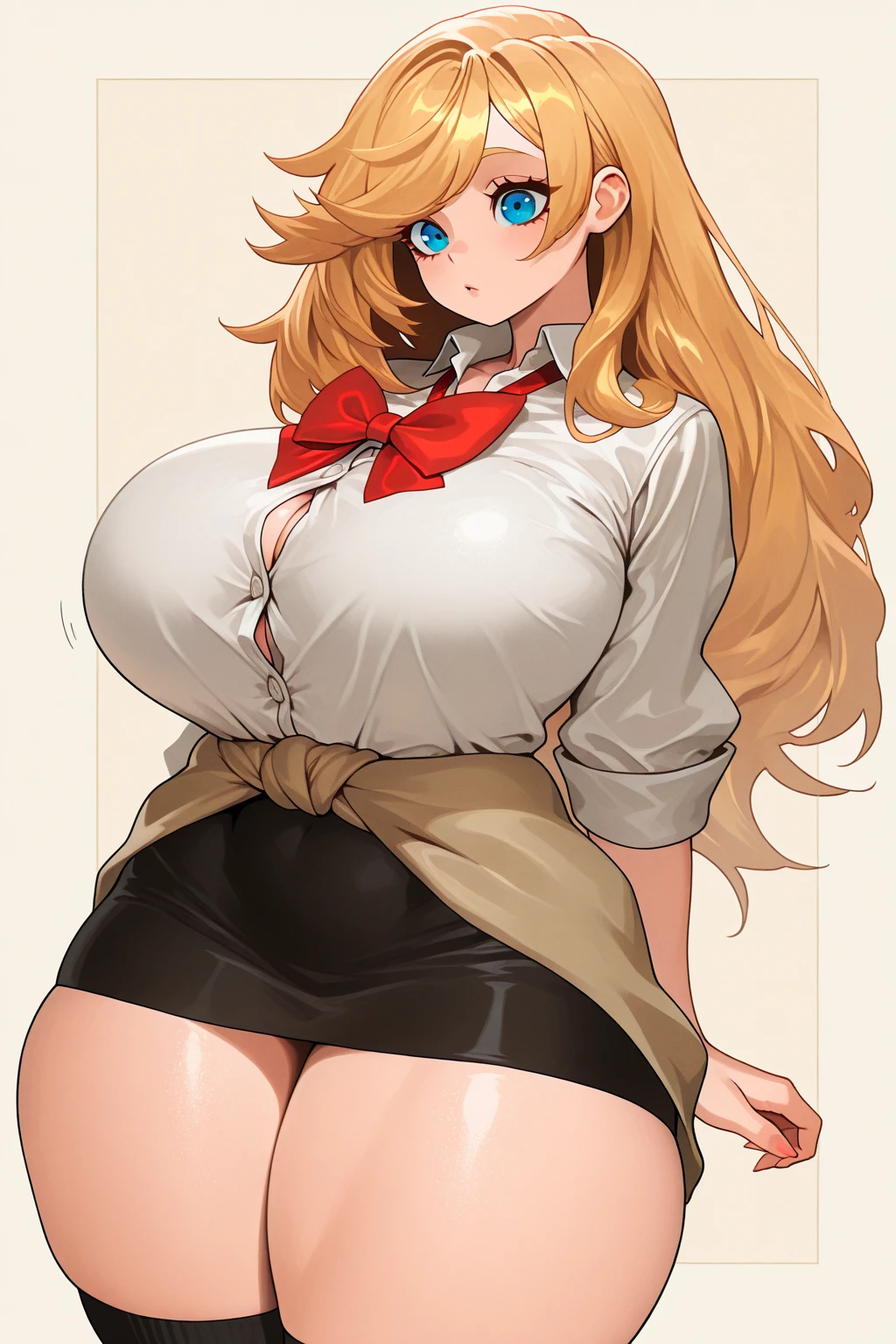 Rangiku_Matsumoto(BLEACH),Orange Longhair,(School uniform:1.3),(Grey pleated skirt),(Pantyhose through panties:1.3),Plump body,(Detailed fingers),(Detailed eyes:1.3),(Bursting Busty:1.3),(Super huge boobs:1.3),(Thick legs:1.3),(Open your mouth),blush,Sunlight pours in through the window,(Flip up the skirt:1.3),(steam:1.3),Nipples that are visible even when clothed,(Angle from directly below:1.3)