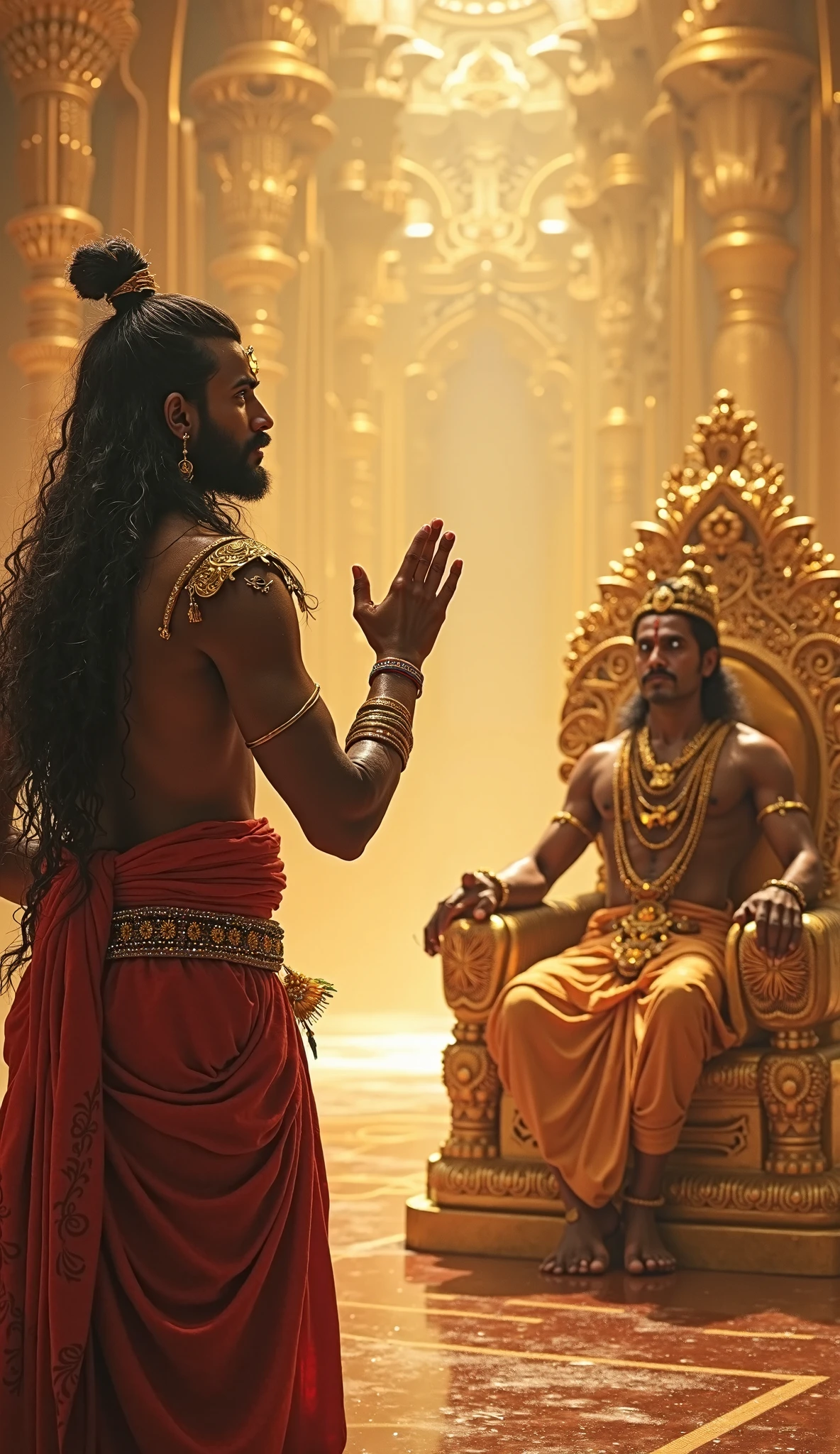 Word reaches Panduraja about Bhima’s strength. Show Panduraja’s expression of pride and wonder as he learns that his young son shattered a rock effortlessly.