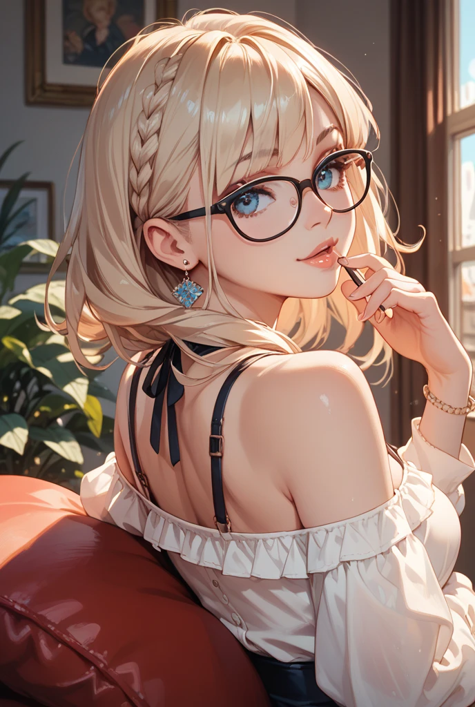 (Tabletop:1.0), (highest quality:1.4), (High resolution:1.2), From the side,Sharp contours, boyish, highest quality, masterpiece,Glasses,Voice of the Heart,20-year-old woman,yandere,Big Breasts,Chest to chest,Lying face down,Upper Body,Ecstasy,saliva,blush,Squint your eyes,Heterochromia iridis,Tuck up your clothes,lure,