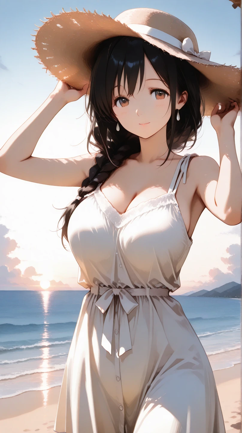 ((masterpiece)), ((best quality)), (ultra-detailed), ((kawaii)), cute, (lovely), ((sexy)), (ero), ((extremely detailed)), 4K, (8K), best quality, (beautiful), anime style, dynamic angle, upper body, folding arms, colorful, full body focus, sunflower, beautiful sky, summer, a cute girl, 1girl, solo, one-piece dress, beautiful light brown hair, beautiful purple eyes, ((beautiful eyes)), white-skinned, long hair, large breast, straw hat, horseshoe-shaped hairband, necklace, light smile, blush, lens flare, wind effect
