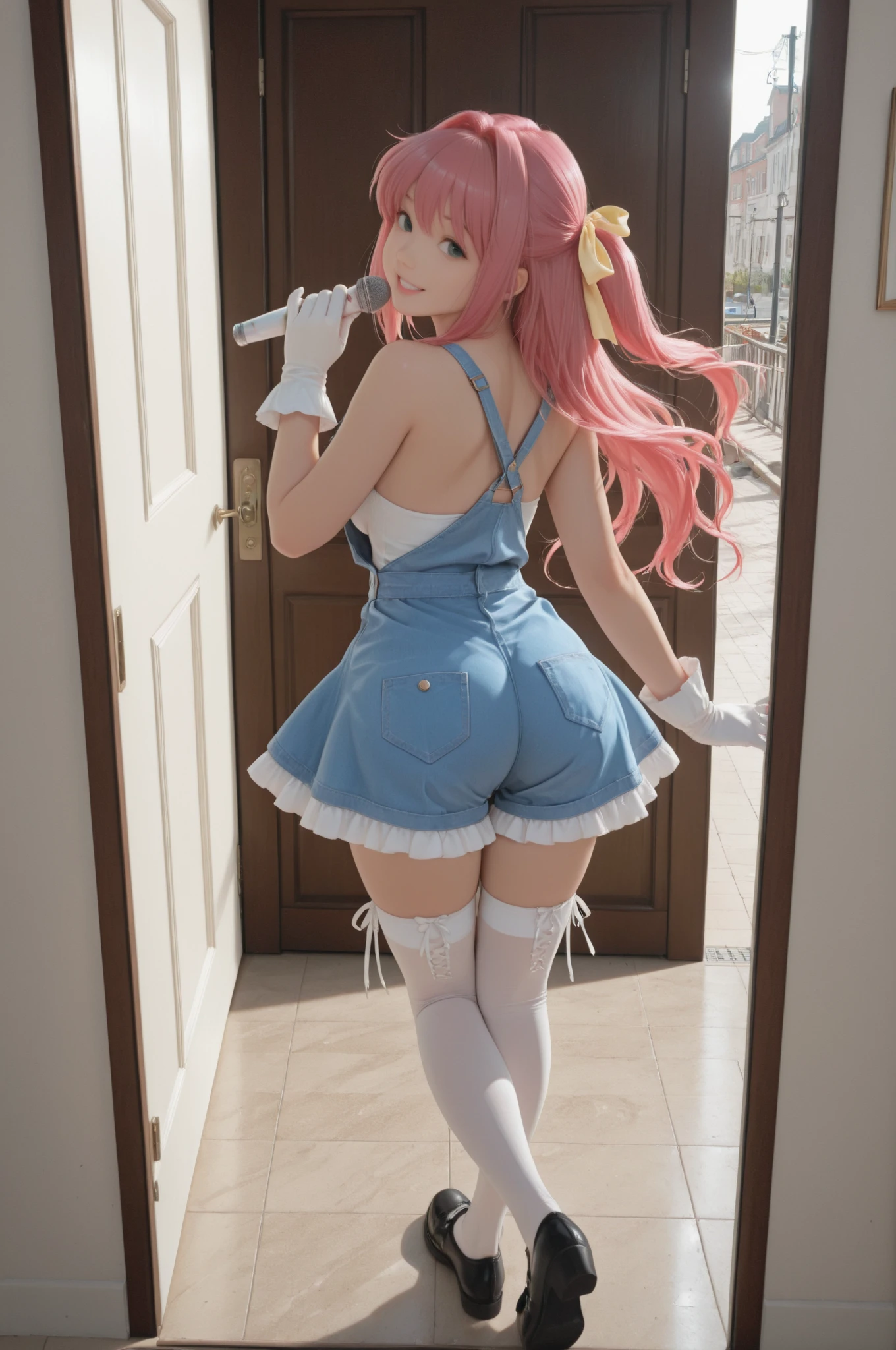 Two kneeling sycophants, bikini Aimei, Wearing stockings, Host a show, Little girls，Pink double-tailed hair and cyan eyes，Anime little girl in servant costume，The little girl cocked her ass