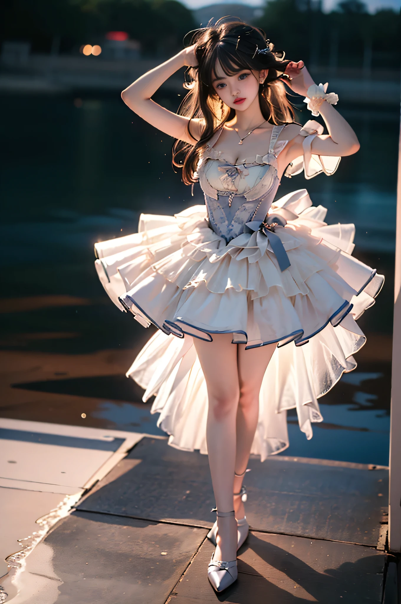 wlyg (manaka nemu),wathet dress ,,((full body, from below)), (masterpiece, best quality, ultra-detailed, 8k), realistic, a beautiful sexy long-legged model on a tropical beach, (I-type Valley), (Full breasts, visible cleavage, very short skirt hem, exposed shoulders), (Tyndall Effect), (Dusk, evening), standing in shallow water, one hand playfully lifting her hair, the other gently raising the hem of her flowing summer dress, seductive pose, perfect and symmetrical leg anatomy, glistening water, soft natural lighting, (wind blowing gently:1.1), (ambient lighting:1.2), bokeh, cinematic shot, dynamic angle, professional photography, shallow depth of field, sharp focus, vibrant colors, (slightly tanned skin:1.1), (natural makeup:1.1), (delicate features:1.1), (ocean waves gently lapping at her feet:1.1)