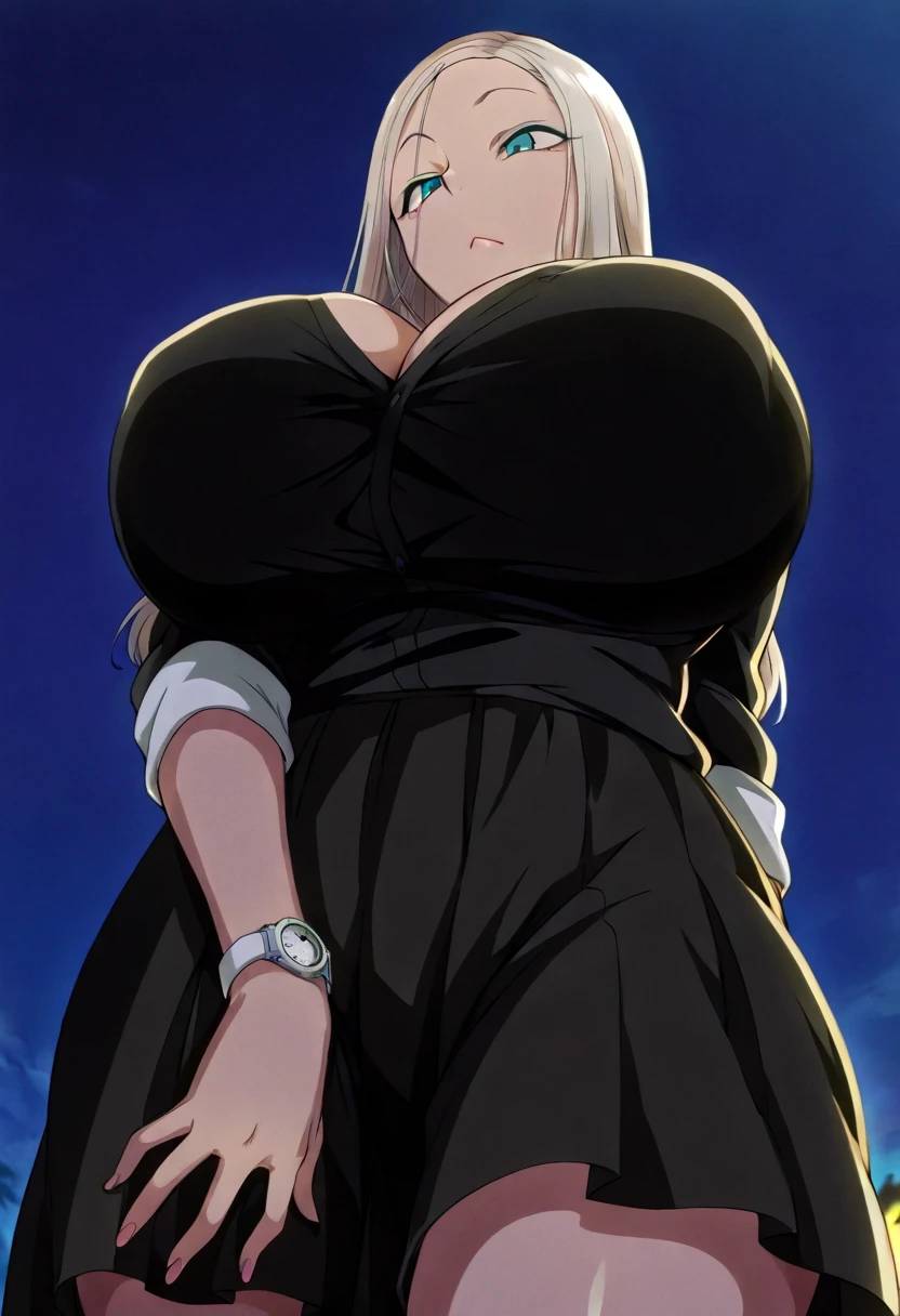 masterpiece, high quality, best quality, 1girl, (muscular:1), muscles, abs, biceps, thighs, obliques, abs lines, naval, thighs, fit, (super gigantic breasts), buffed, (closed mouth, half smile), harukagracia, eyeglasses, white hair, long hair, large breasts, cleavage cutout, clothing cutout, crescent moon earrings, yellow eyes, black dress with white trims, black heels, lipstick, ponytail, makeup, white background, anime screencap, anime key visual, full body <lora:HarukaGracia:1>