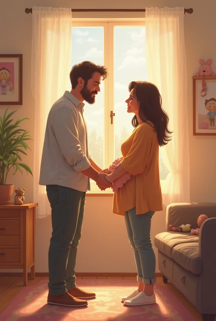 Creates the image of a pregnant black-haired woman and a man with red hair, wavy hair sufi cut put them in separate houses.