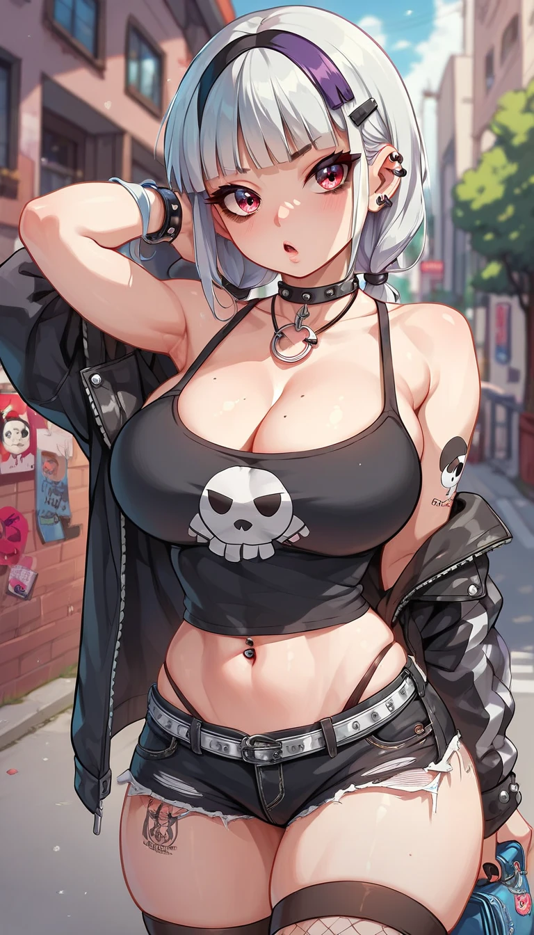 Kuki Shinobu Genshin Effect, worried expression，（blush：1），masterpiece, bestquality, 1girls, oversized breasts, bara, crop top, shorts jeans, choker, (Graffiti:1.5), color splashes, arm behind back, against wall, looking at the audience, bracelet, Thigh strap, Paint on the body, Head tilt, multicolored hair, water eyes, headset,tmasterpiece,Huge stacked breasts，The kinky  exposed ，（Surreal breasttremely full breasts）），（（Super large）），Big breasts Thin waist，（（（Extremely large breasts））），seductiv，High detail，hyper qualit，high resolution，8K，8k smooth，(reality: 1.2)，(Highly realistic, Ultra-realistic, photograph realistic)，(Realism: 1.2)，Solo，(Perfect feminine curveig breasts:2)，(Huge breasts:2)，(gigantic cleavage breasts:2)，(Large breasts:2)，(Bare tits:1.4)，(chiseled abs : 1.1)，Nice strong legs，，(Curvy:1.1)，Narrow waist，(gigantic hip:1)，(Thick thighs:1)，(Thick legs:1)，Muscular，(body builder:1.5)