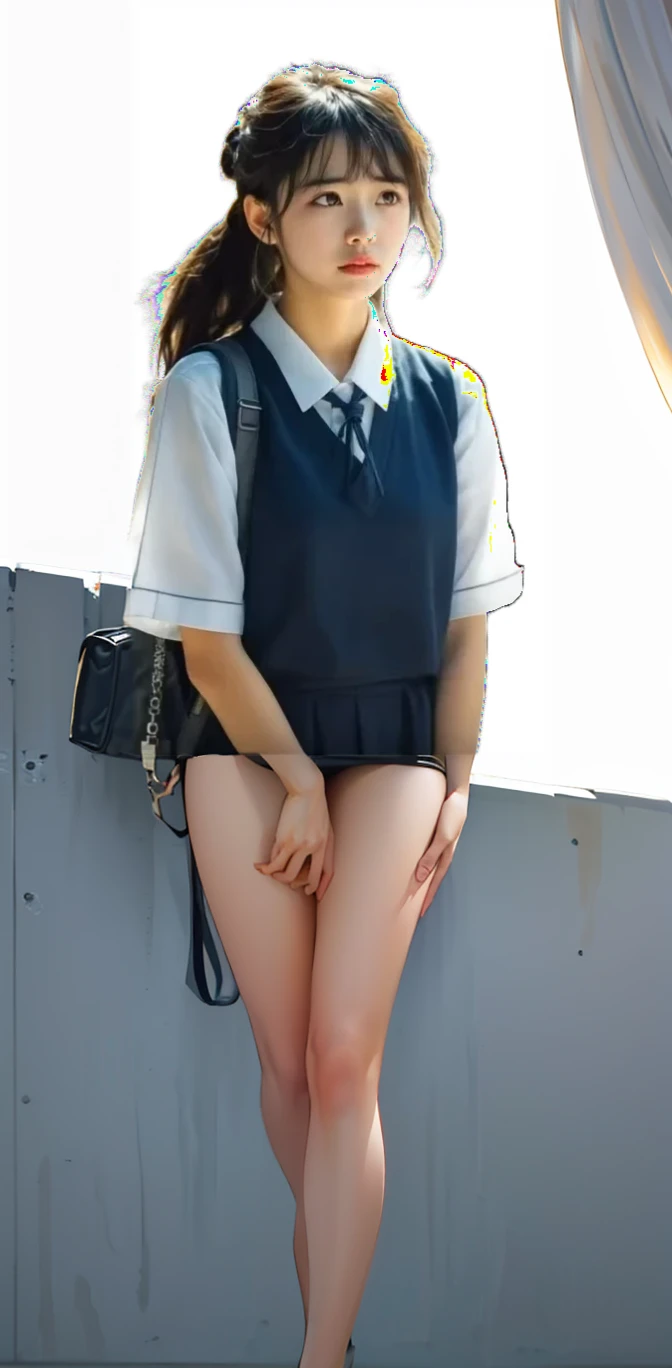 masterpiece, Highest quality, High resolution,8k， 1 hair clip, Tokiwadai School Uniform Photorealistic,Windmill side、blue sky、smile、Lift up your skirt to show your underwear、Pure white panties、グレーのスカート