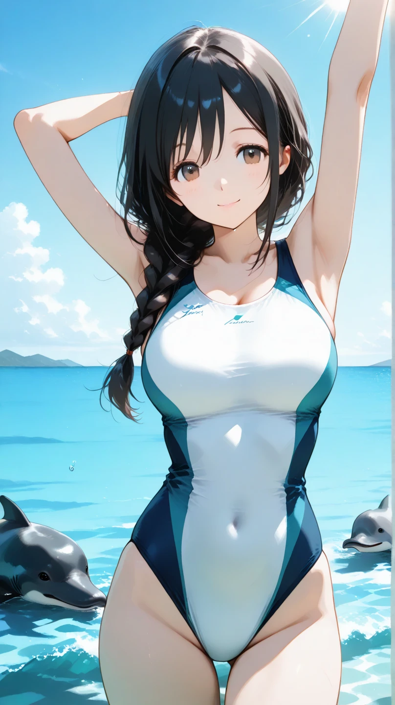 ((masterpiece,best quality,ultra detailed,high resolution)),(daytime,clear weather,front light),((solo,beautiful-woman)),(black hair,straight hair,himecut),(beautiful detailed face,beautiful detailed eyes),(finely detailed skin,fair skin),slender,light smile,(navy competition swimsuit,impossible clothes),(on the beautiful lake,beautiful sky),(medium breast,perky breast),