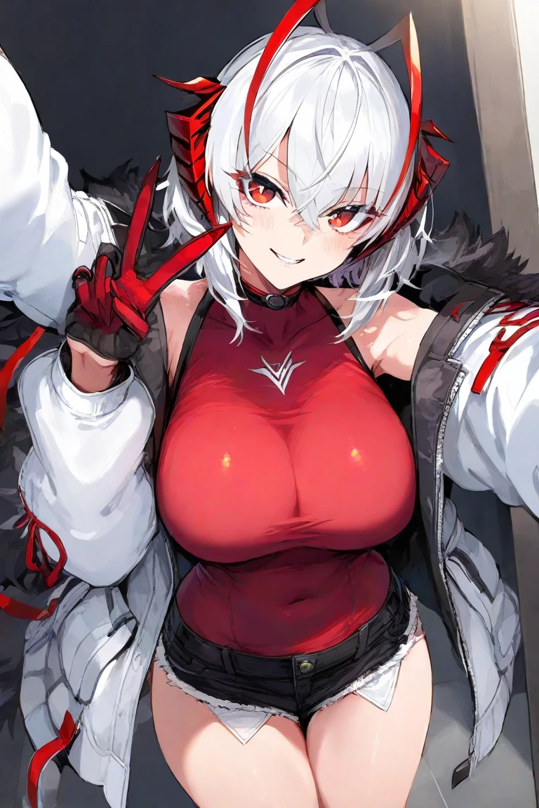 1girl, aegir \(azur lane\), azur lane \\\\\ masterpiece, best quality, very aesthetic, absurdres, newest \\\\\\ sportive body, \\\\\\ by nyantcha,,by cutesexyrobutts,by khyle ///// white hair with a single prominent red streak, black horns, yellow eyes, \\\\\\ bunnysuit without bunny ears,white background,standing, fishnet pantyhose,