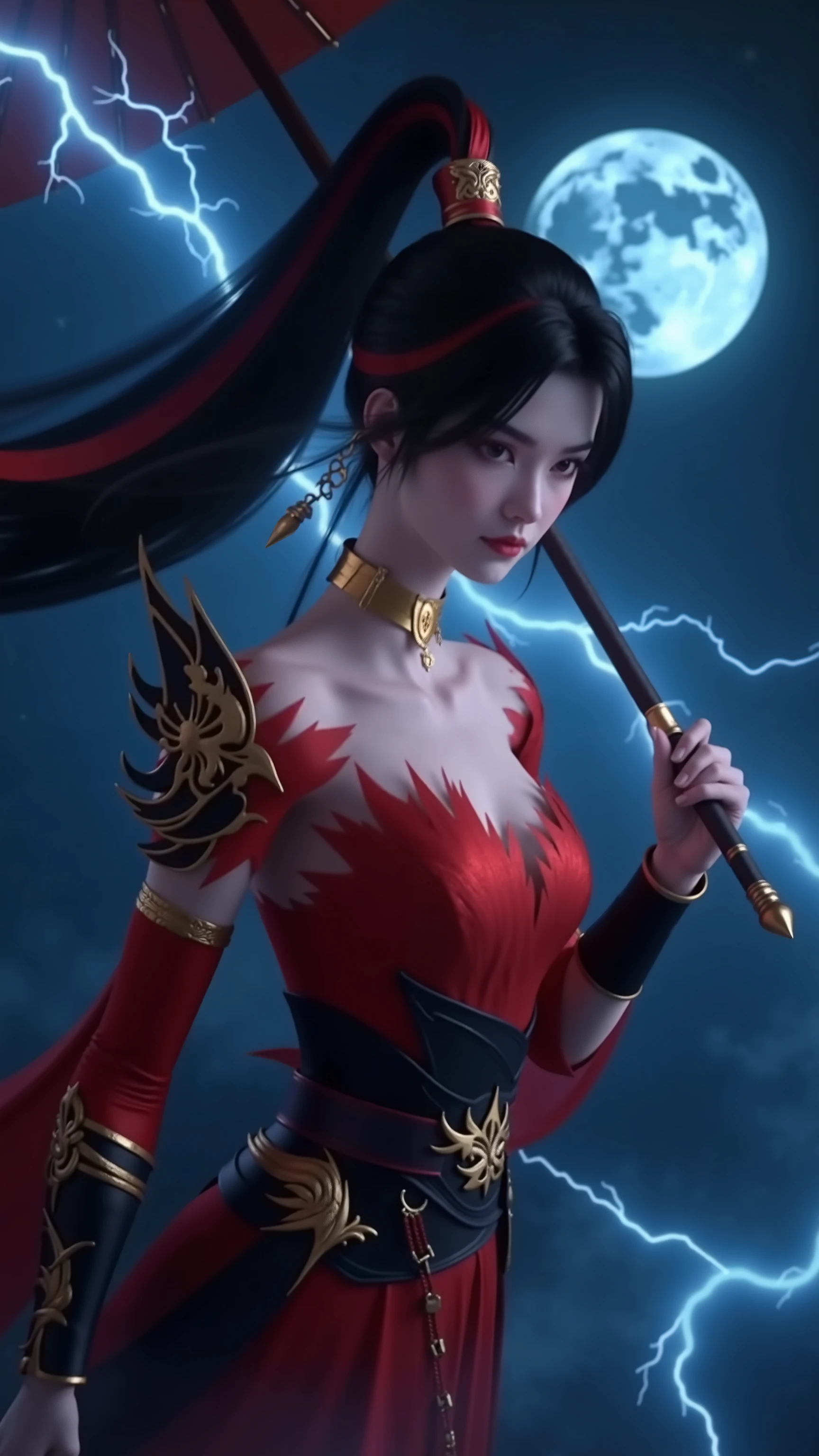 Surrealism,high quality,8K Ultra HD,BLACK HAIR WITH GORGEOUS ACCESSORIES,god,POWERFUL MAGIC BACKGROUND,BLUE WHITE LIGHT,STORM MOON,MAGIC SPLASH OF LIGHTNING,god奇的背景,Spellcasting,Magic Circle,dynamic pose,Dangling,(MAXIMUM ULTRAHD IMAGE QUALITY AND RENDERING:3),Maximum image detail,MAXIMUM REALISTIC RENDERING,(((Surrealism风格))),REALISTIC SIDE LIGHTING,,8k HD,REALISTIC SOFT LIGHTING,Hands holding a red oiled paper umbrella