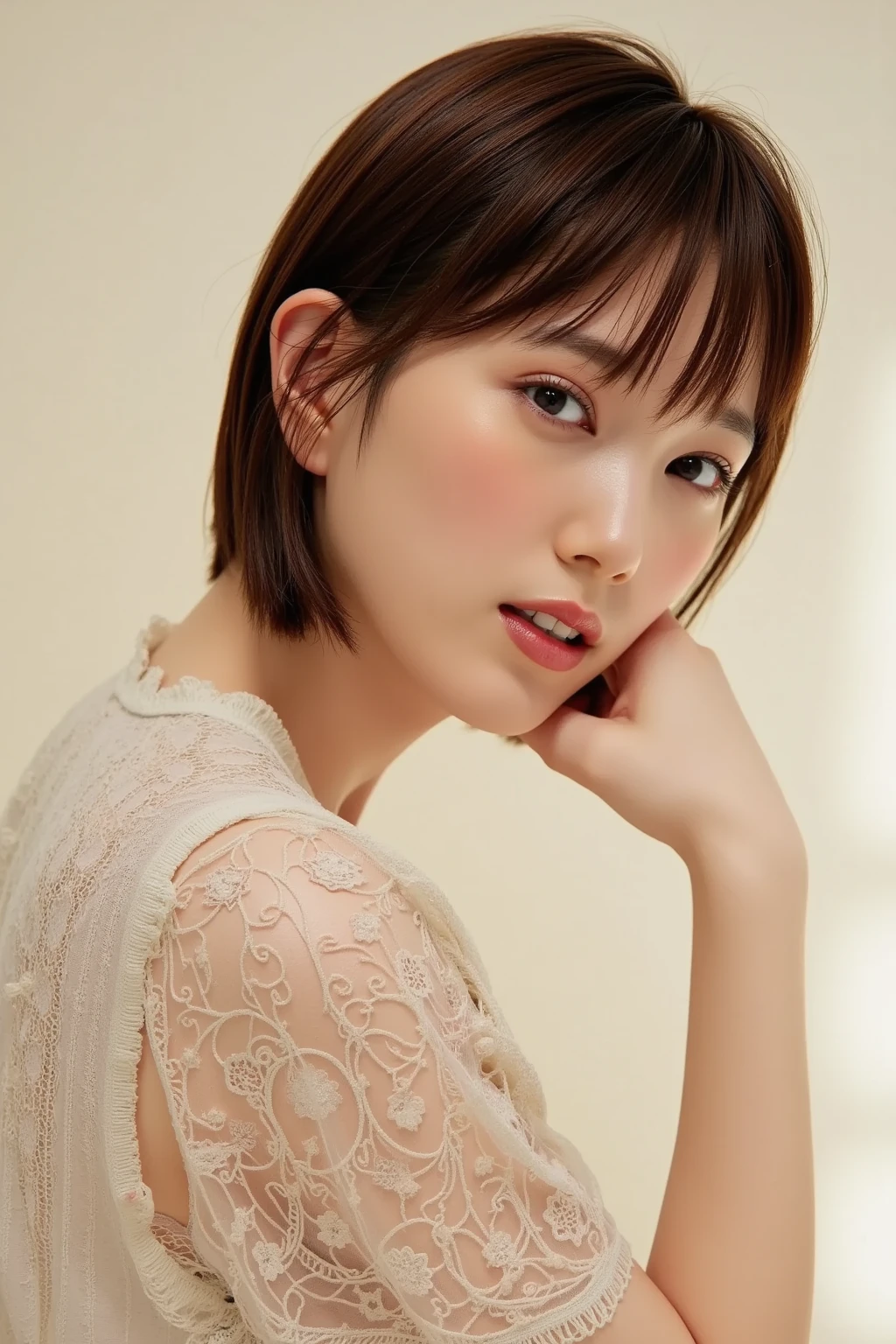 ((Masterpiece, Best Quality, High Resolution)), 1 Girl, (Photorealistic: 1.4), Solo, White Background, Snow White Background, Mouth Closed, Happy Smile, Pretty Black Hair, Short Hair, Big Eyes, Clear Double eyelids, eyelashes, ears protruding, absolute area, ((whole body)), (describe the head, shoulders, and chest), 30 years old, attractive proportions, glossy skin, beautiful collarbone, golden ratio face , perfect face, mole on the chest, bangs, pretty bangs, pretty bangs, lip gloss, thin lips, white skin, white bikini, small breasts, small face, full head, full shoulders, full body, slightly looking at the camera Looking upward at a toned waist