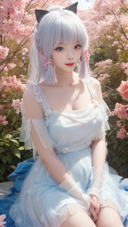 realistically, A high resolution, gentlesoftlighting, (Only 1 piece:1.5),(1 female 1:1.5), humongous large breast,Skin glows, delicate skin, Alone, Lift your hips slightly, looking at the viewer only, laughing joyfully,(Detailed faces), White hair, high ponytails,Pink hair accessories,Long white hair,blue color eyes, Transparent tulle bandeau,The clothes are transparent,The background is the garden(Full of colorful roses)