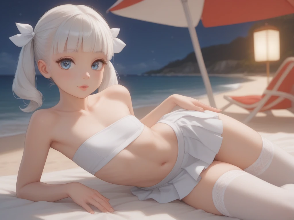 (masterpiece, best quality:1.2), intricate details, (nahida), 1 girl, (white bikini:1.2), simple bikini, hair ornament, ponytail, (black_tattoo:1.2), (white hair, lolita), (small breasts:1.2) , (wide hips, sexy:1.2) , (beach_background:1.3), (outdoor), (priestess), (blue eyes:1.2), (eye glow:1.4) , (wet:1.2), cowboy shot,