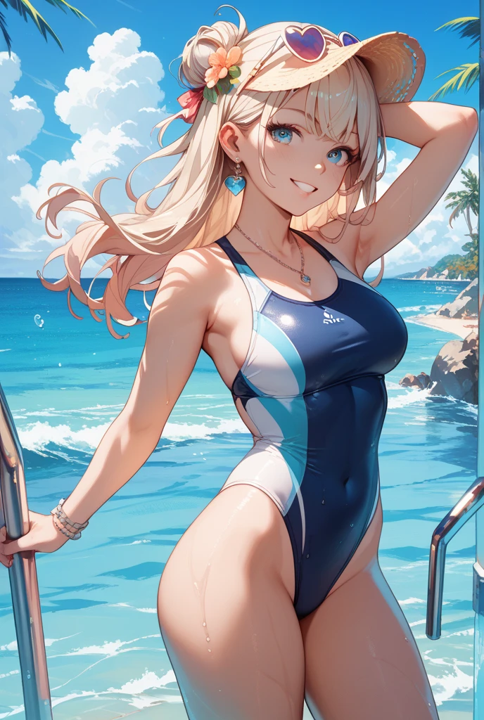 Anime style, super fine illustration, super clear illustration, highly detailed, beautiful detailed, super pale tone image, super delicate illustration, super calm & static image, static representation, gentle expression, 8k, pretty 1girl with blonde straight short hair & blue eyes & a bright smile & Big breasts & nipples & soft fair skin is wearing the competitive swimsuit in the swimming pool, happy stories, solo, perfect fingers, no more fingers, no less fingers, perfect arms, no more arms, no less arms, perfect legs, no more legs, no less legs, masterpiece,