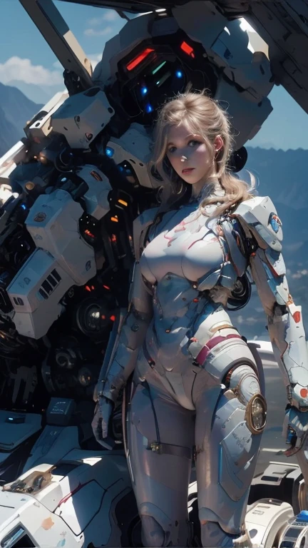 Perfect human body modeling, 1girl, pretty face, angry, drill hair, twin drills, shiny blonde Long hair, Beautiful blue eyes, huge breasts, Short body, white skin, ears in robot style, red powered armor, full armor, powered leg, Space suits, planetary exploration