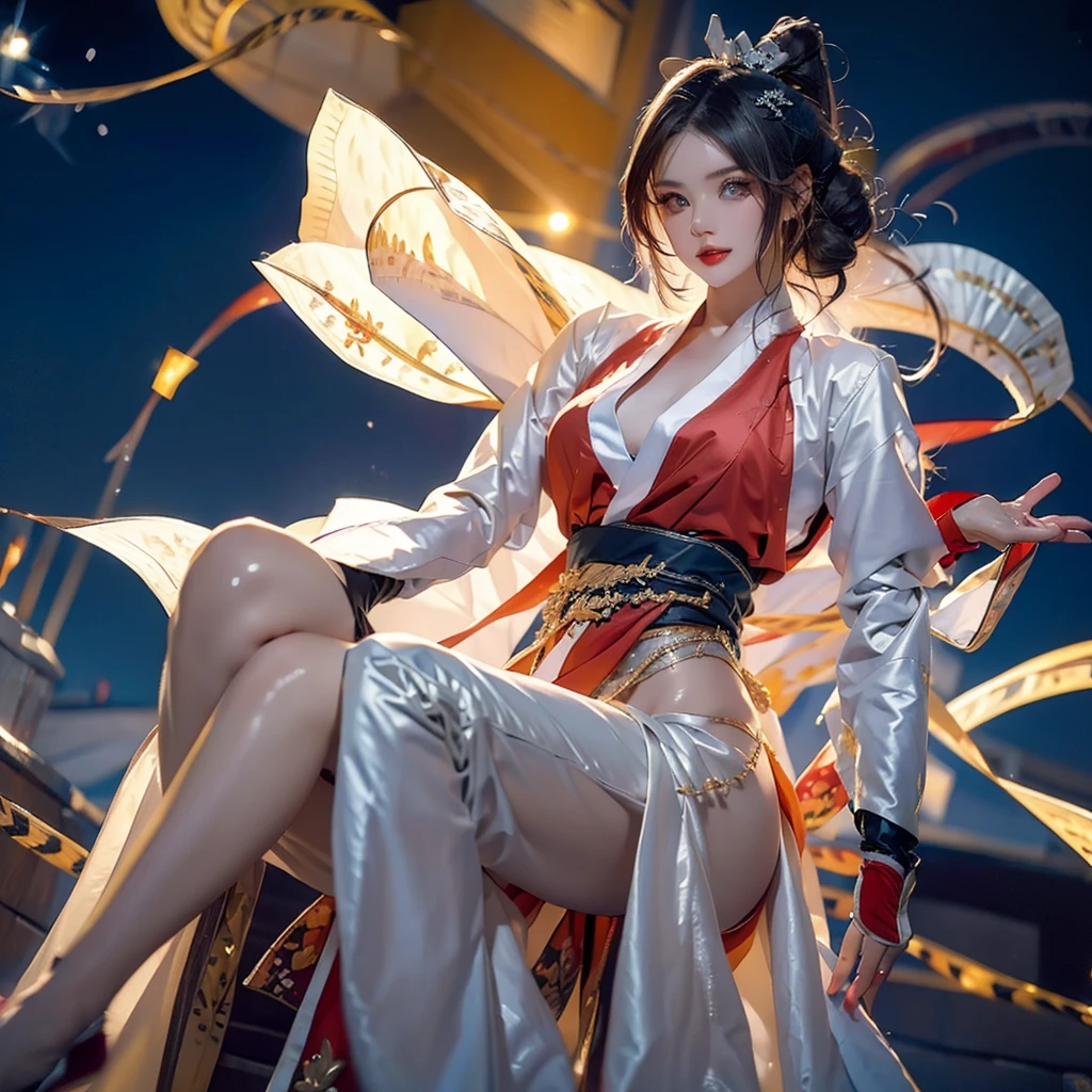 (masterpiece, Top quality, best quality, Official Art, beauty:1.2),（The Most detailed and clear facial features：2.0，Facial Contour：1.0） (1 Japanese Chunli:1.5), Very detailed,(Ukiyo-e艺术:1.1),(Ukiyo-e，Colorful:1.1)(Flowers:1.3),Most detailed,(tangled:1.2), (Dynamic poses，Show your thighs:2.0), (blue sky white clouds moon background:1.3), (Japanese clothing:1.2，Kimono transparent:1.5), (Open your legs，For radiant skin，Camel toe pubic bone：1.2), (Many colors:1.4), ,(earrings:1.4),