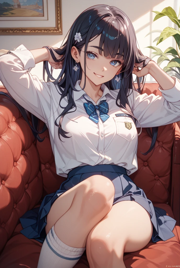 (masterpiece, best quality),
1girl, sitting, (hugging own knees), looking at viewer, head tilt, lower body, focus,
break girl, school uniform, serafuku, long sleeves, black skirt, blue and white striped panties, cameltoe, brown hair, twintails, grey eyes, grin, blush, bare shin
break background myroom, couch,(show off petite:1.3)