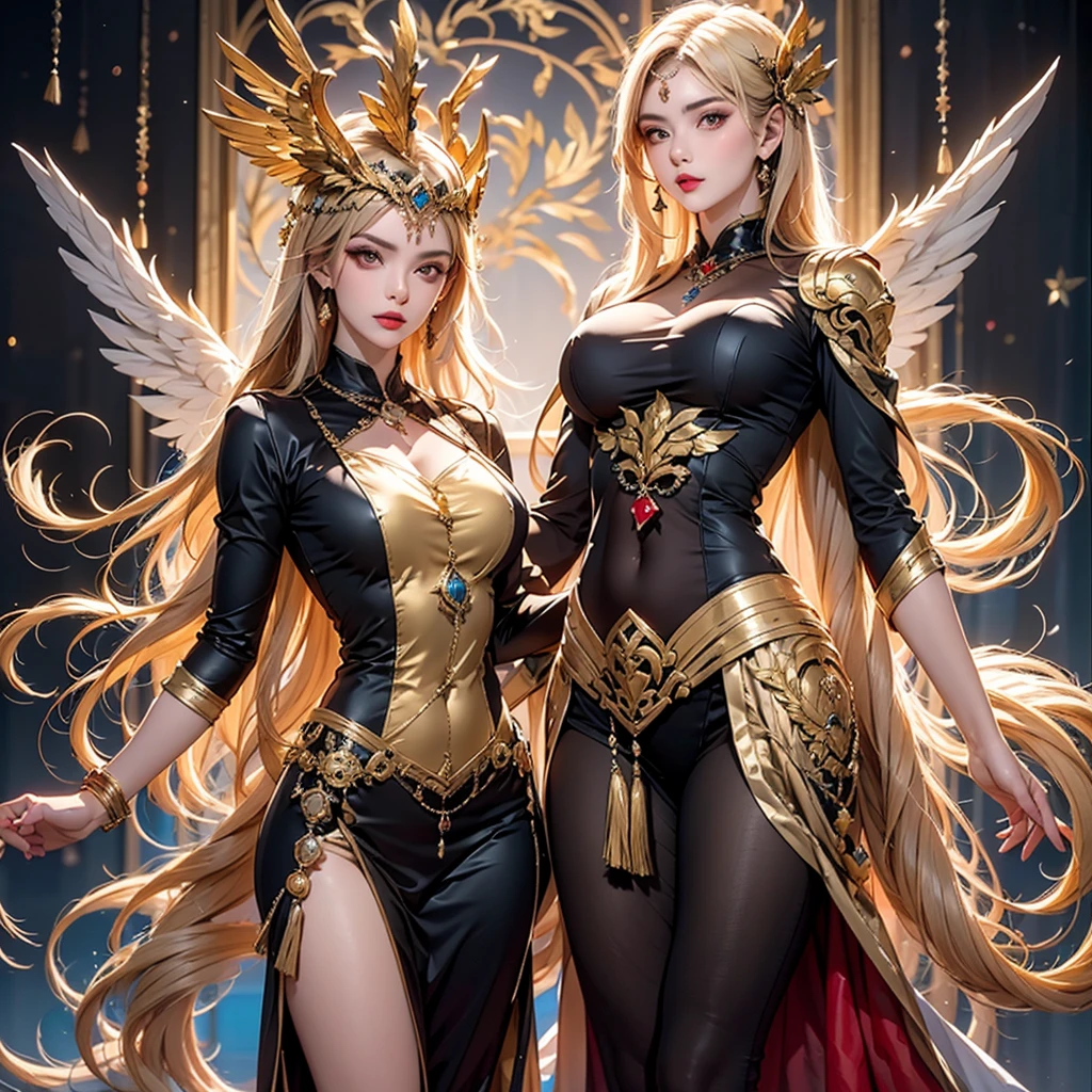 arafed image of a twin womans with a star ball in her hands, alphonse mucha and rossdraws, mucha style 4k, artgerm mucha, korean art nouveau anime, portrait knights of zodiac girl, goddess. extremely high detail, anime fantasy illustration, detailed digital anime art, gorgeous goddess of leo, anime art nouveau, talor liner, stick liner, clear line. perfect post leg and shose. backgourd no face. red gold outfit