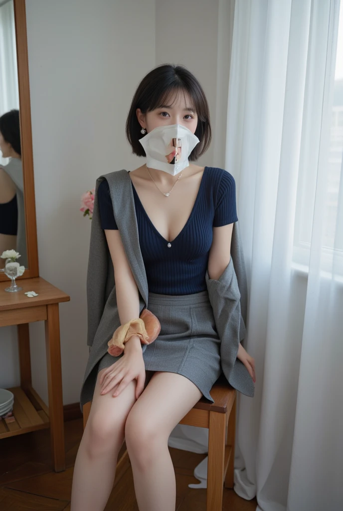 Japanese Beauty、Brown Hair、Selfie、White mask、Light blue sweater、turtleneck、Black tight mini skirt、Thighs、Crossing your legs、indoor、Selfie、Mirror photo、Reflected in the mirror