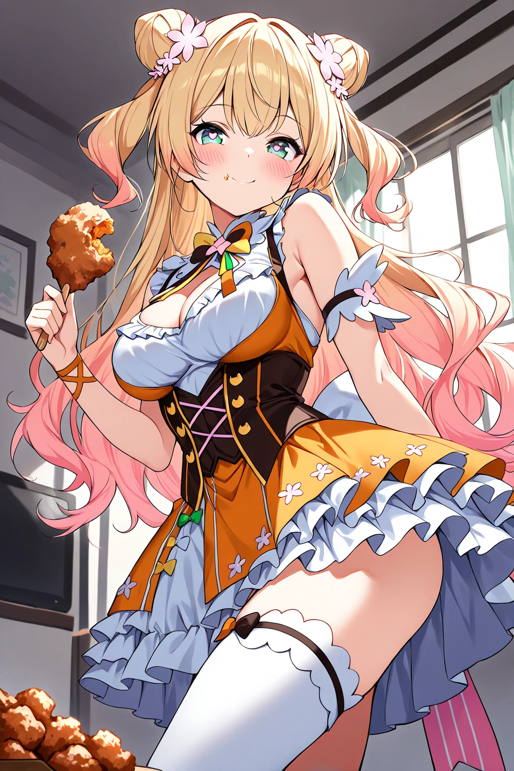 score_9, score_8_up, score_7_up, <lora:amemochi_nina_v1_pony:1>, source_anime, amemochi nina, cowboy shot, detailed, room, smug, cute, hat, short shorts, big racoon tail, blue dress,