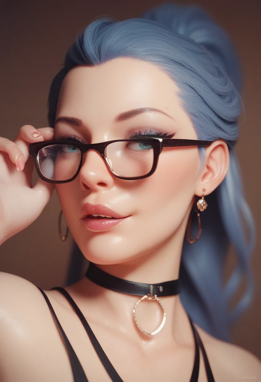 Femme fatale:1.1, A girl with long violet-blue hair and violet eyes, dressed in a luxurious night dress the color of space. Beautiful face, makeup, glasses. dark background,sharp focus,visceral violence,bright colors,A high resolution,studio lighting,very detailed description,physically based rendering,horror, Purple accents,ominous lighting,Threatening Expression,Sinister atmosphereEvil smiles,Unsettling Presence,dramatic shadows.