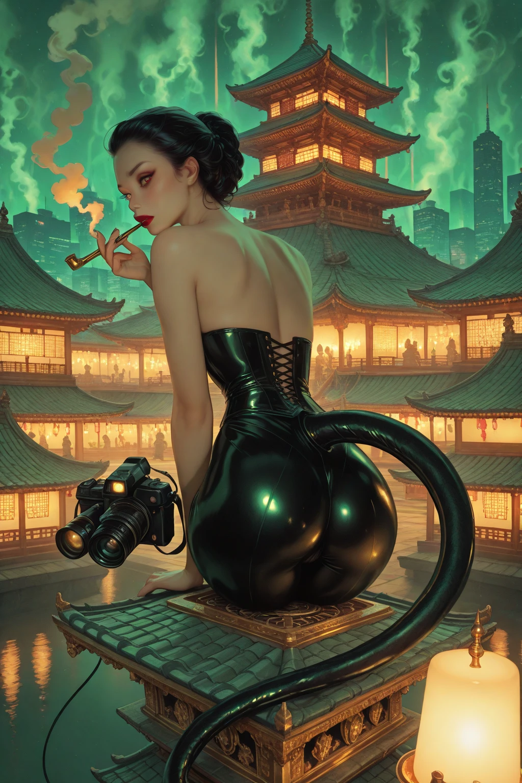 (masterpiece), best quality, expressive eyes, perfect face,(dynamic pose:1.2),(dynamic camera),photo RAW, A lethal empress in an emerald scale corset so tight it leaves imprints of serpents on her skin, her jet-black hair coiled into a knotted dragon tail down her back. She balances on the edge of a jade pagoda roof, smoking  from a golden pipe while her free hand strokes the muzzle of a mechanical tiger. The neon glow of the city below turns her spit-smeared lipstick into radioactive honey.
