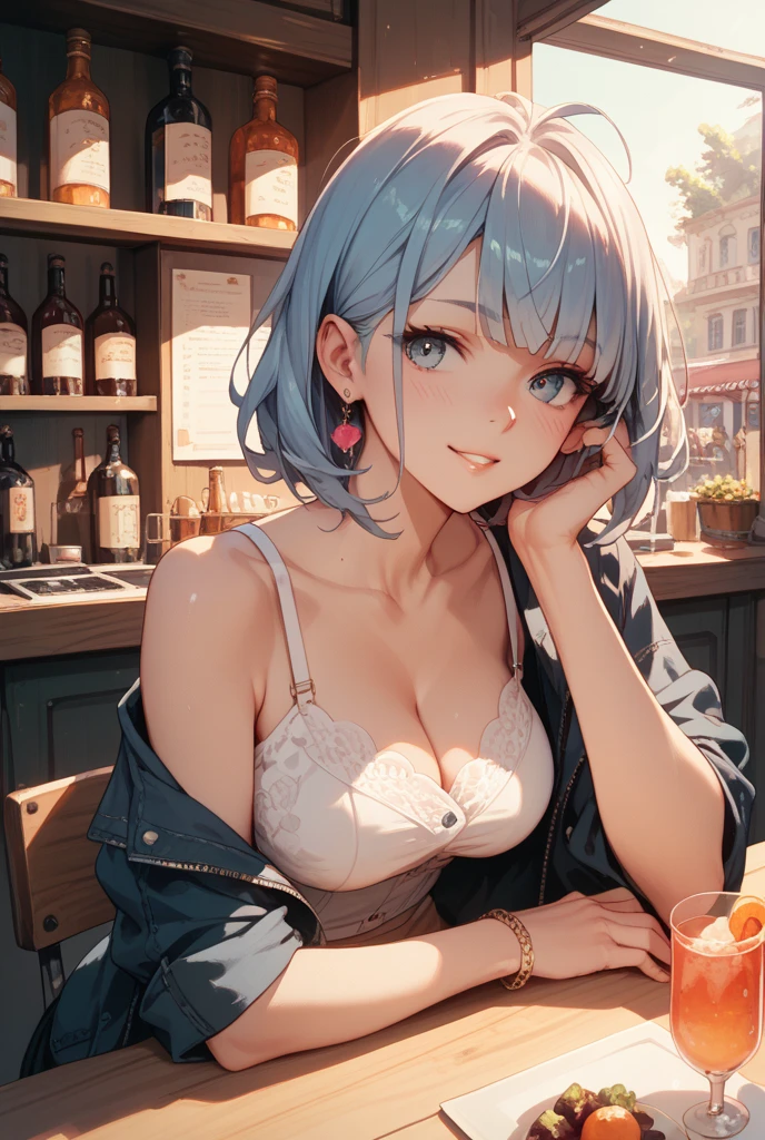 (Highest quality:1.4、8K:1.4、detailed)、F cup bust、Big Breasts、Slim body、Very white beautiful skin、((((1 person、smile、Surprised expression、sit、Chair、 the background are the urban buildings of Tokyo、looking at the camera、Indoor cafe terrace、Navy hair color、Straight Long Hair、juice、Shooting up close、table、Very cute face))))、((((nude、Areola))))、(Touching cheeks with both hands pose:1.4)、(((Off-the-shoulder seamless top)))、Nipples、Very blue sky、A completely cloudless sky